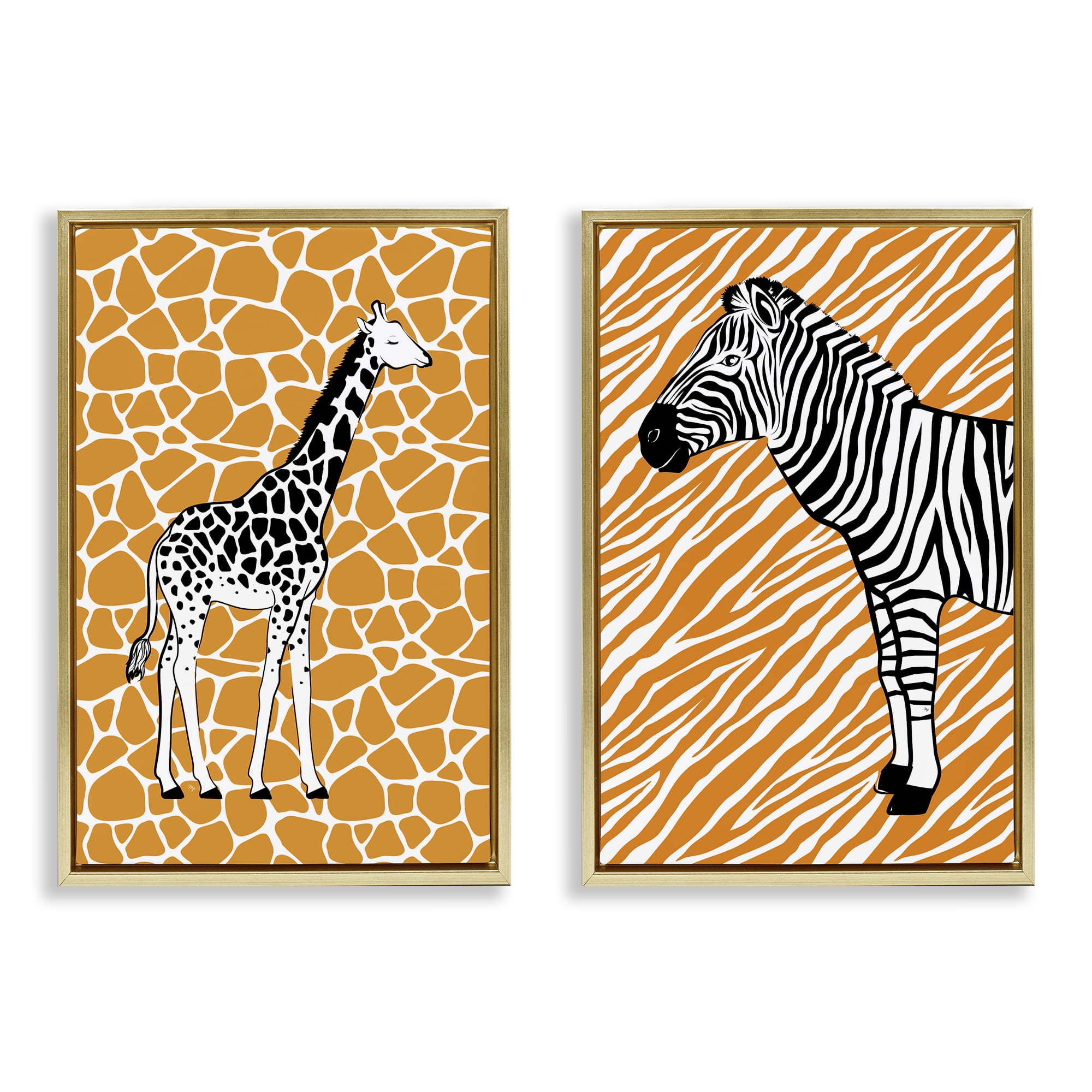 Stupell Industries Jungle Animals on Orange Animals Painting Gold Floater Framed Canvas Art Print Wall Art, 17 x 25, Set of 2