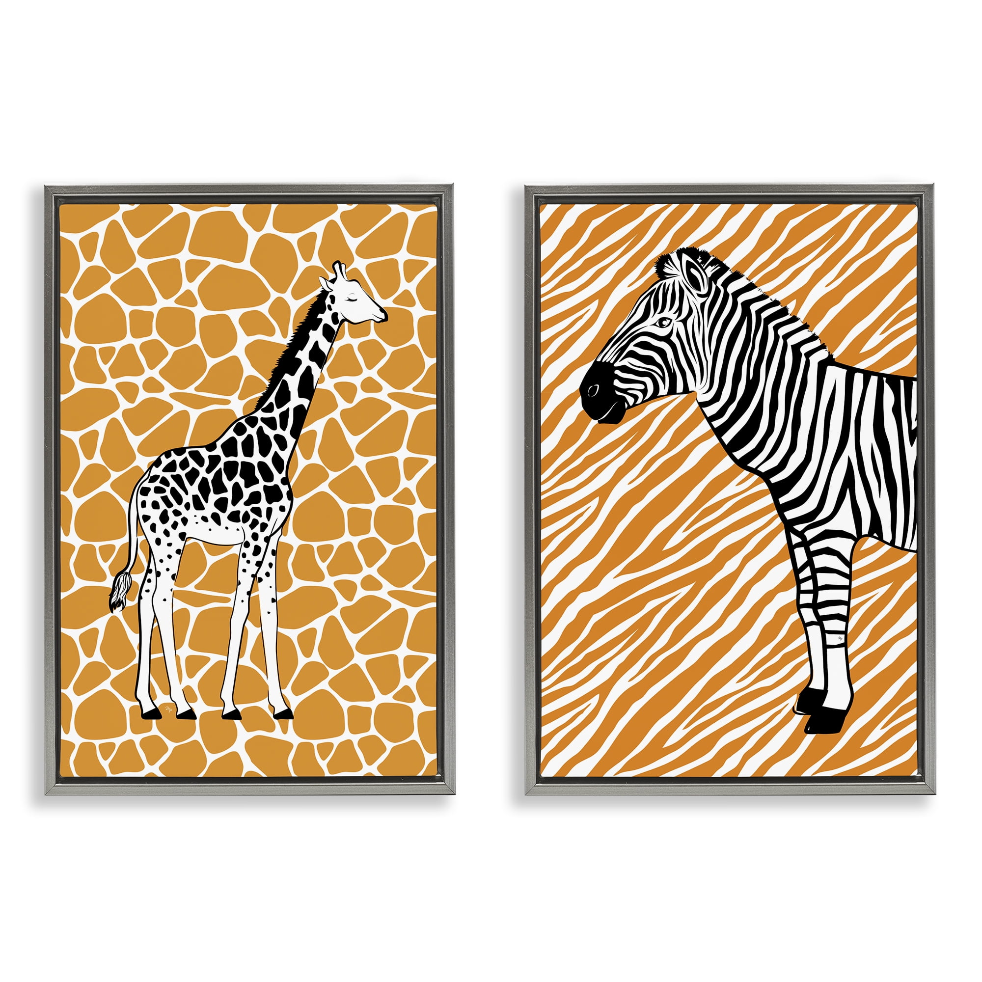 Stupell Industries Jungle Animals on Orange Animals Painting Gray Floater Framed Canvas Art Print Wall Art, 17 x 25, Set of 2