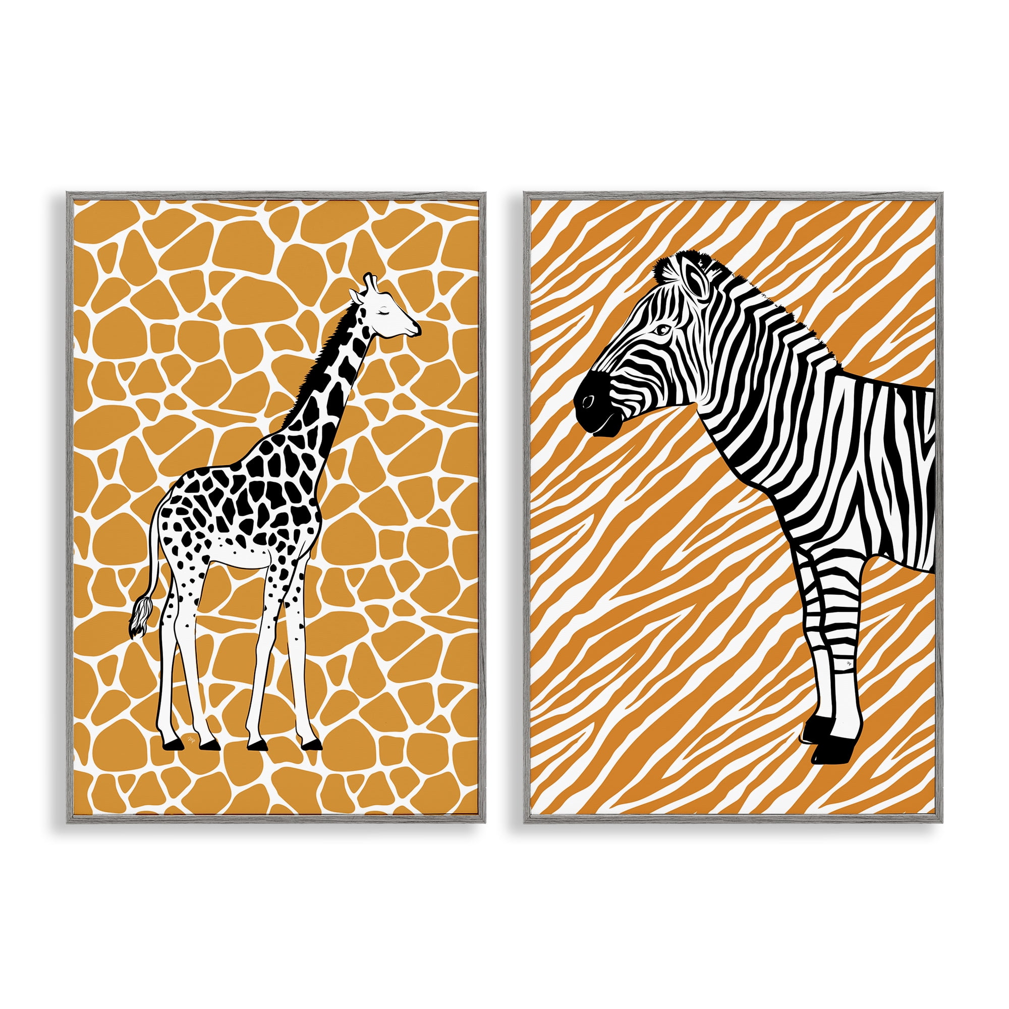 Stupell Industries Jungle Animals on Orange Animals Painting Gray Framed Art Print Wall Art, 16 x 24, Set of 2