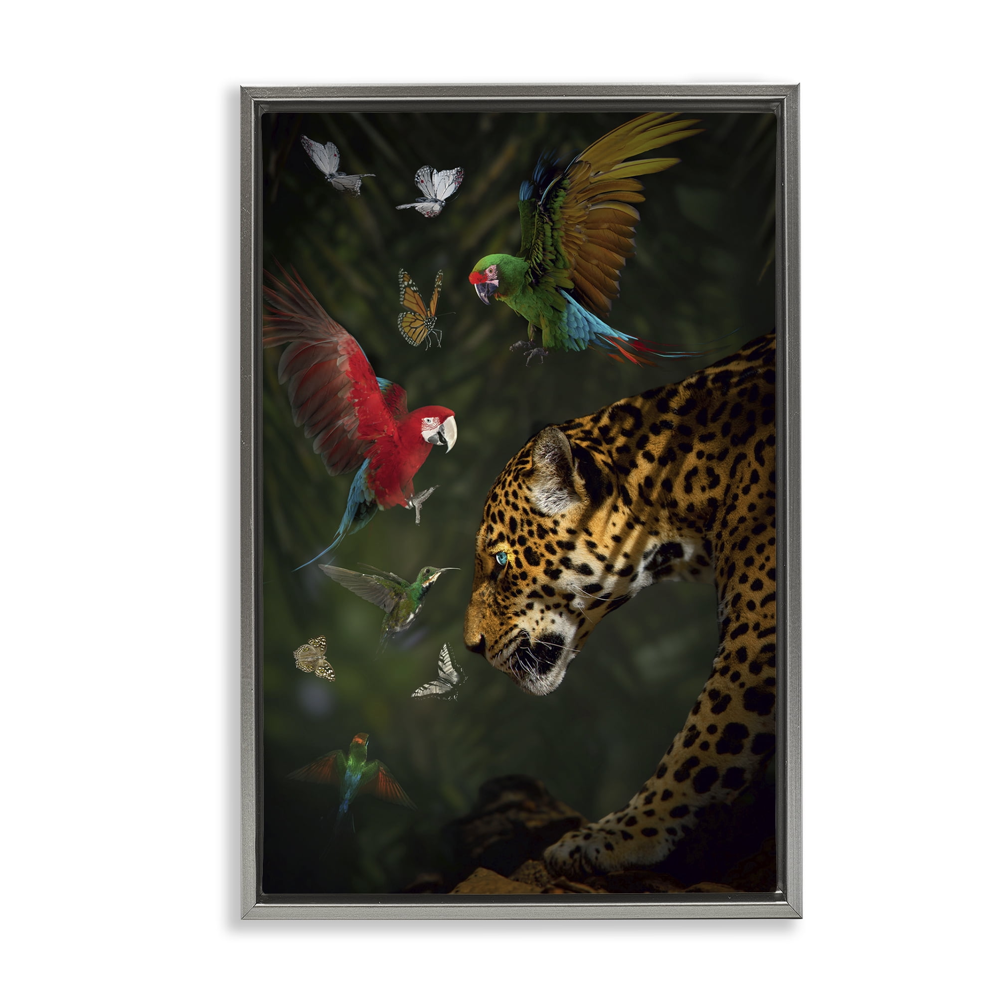 Stupell Industries Jungle Brawl Animals Animals Painting Gray Floater Framed Canvas Art Print Wall Art, 17 x 25
