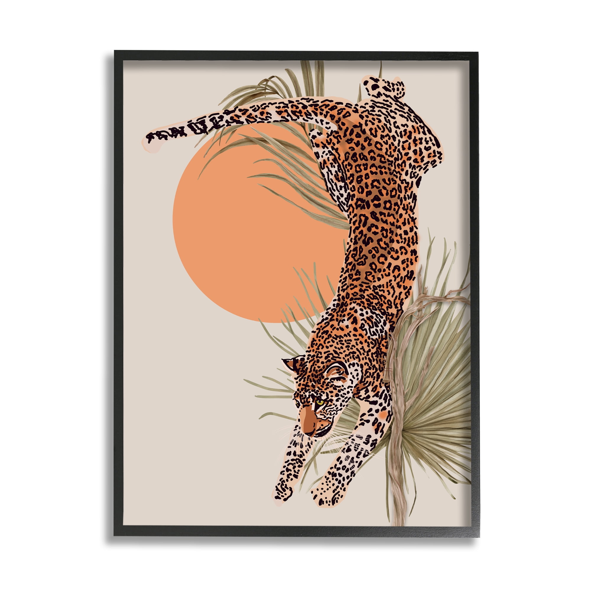 Stupell Industries Jungle Cat Leopard Pounce Orange Sun Palm Leaf, 11 x 14, Designed by Ros Ruseva