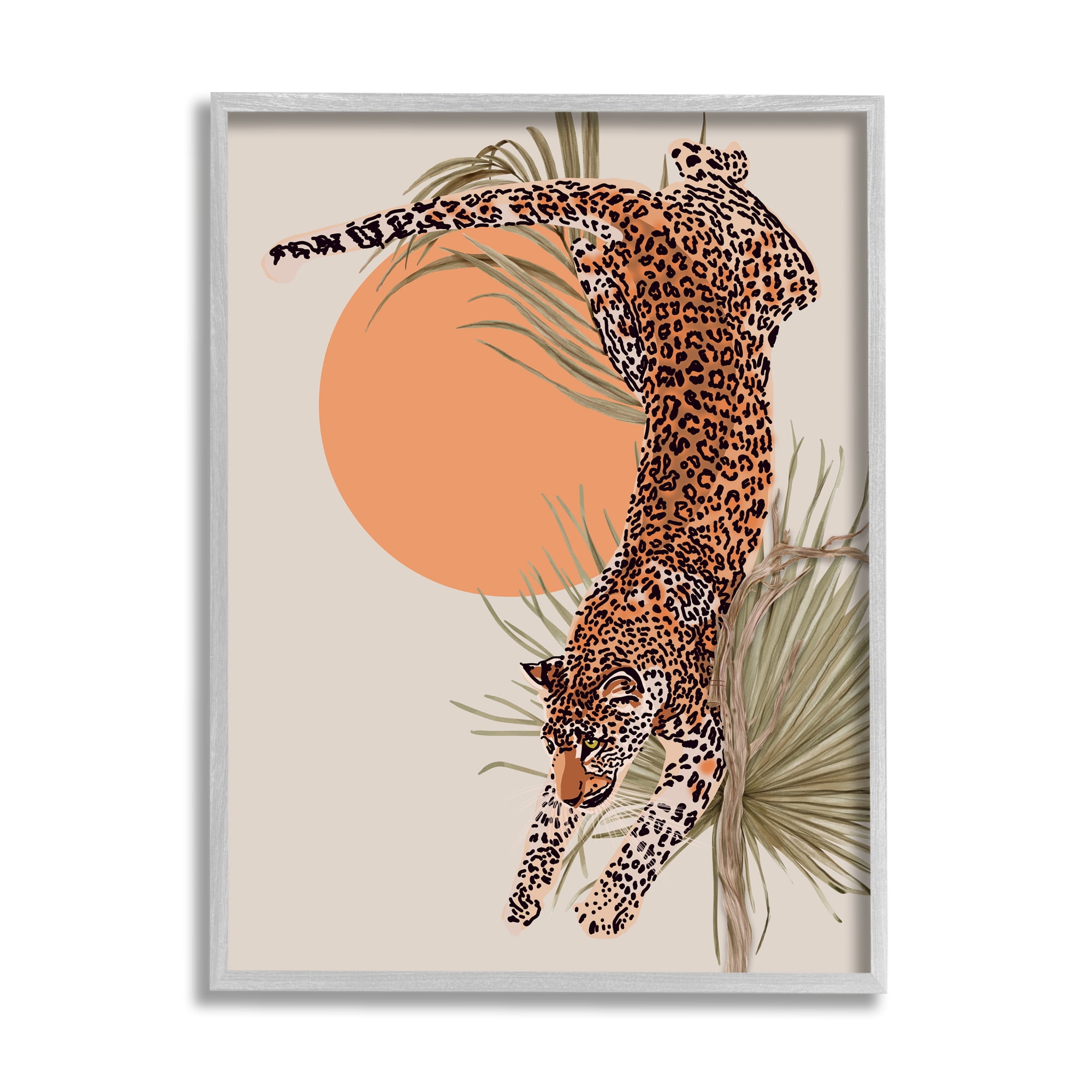 Stupell Industries Jungle Cat Leopard Pounce Orange Sun Palm Leaf Global Painting Gray Framed Art Print Wall Art, 16 x 20, Design by Ros Ruseva