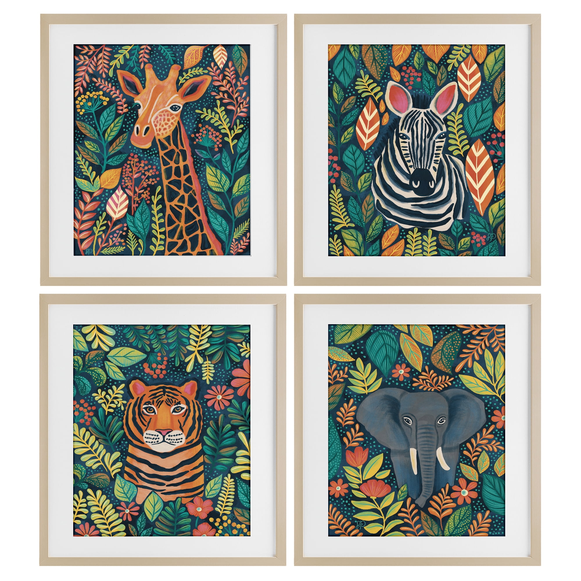 Stupell Industries Jungle Leaf Pattern Animals 4 Piece Birch Framed Print Under Glass Set, design by Lisa R Dumm