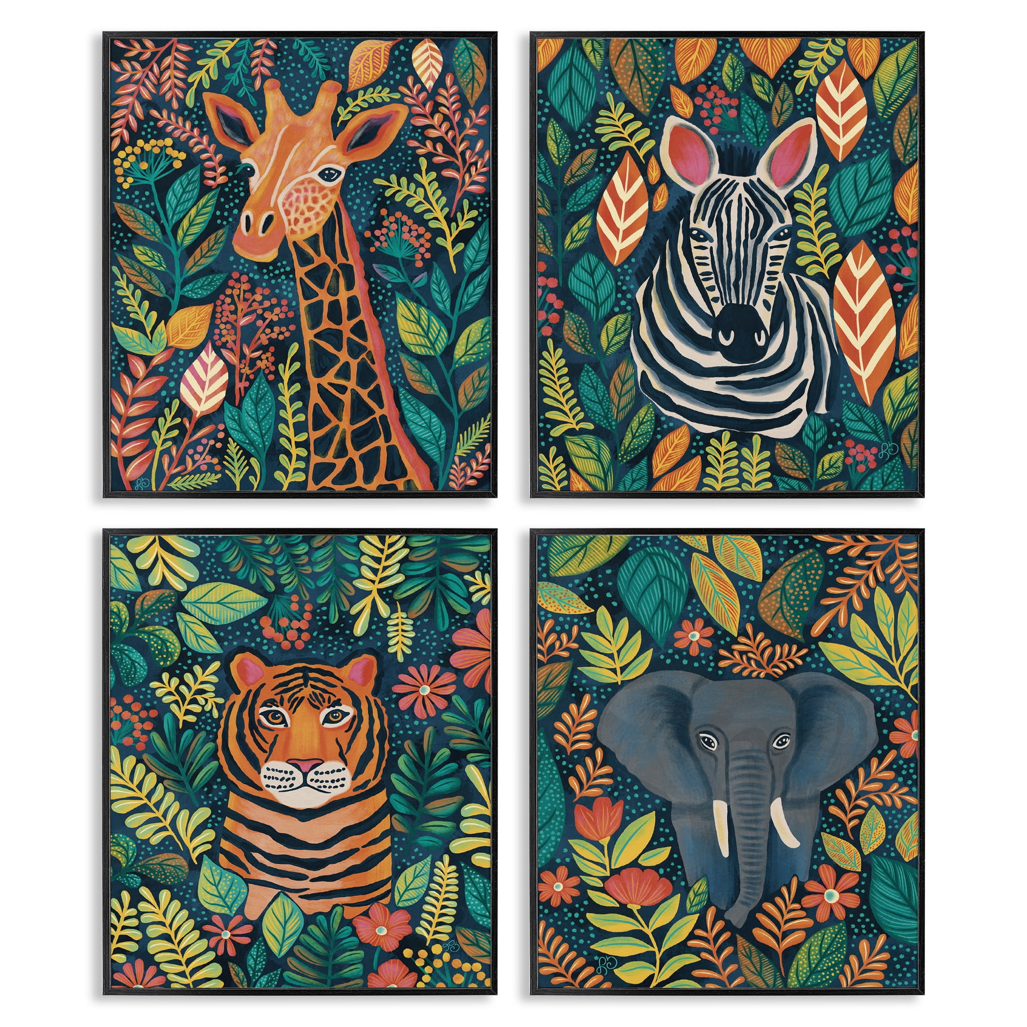 Stupell Industries Jungle Leaf Pattern Animals 4 Piece Black Framed Giclee Art Set, design by Lisa R Dumm