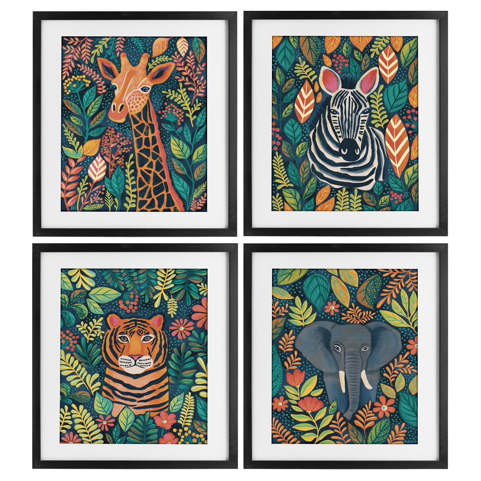 Stupell Industries Jungle Leaf Pattern Animals 4 Piece Black Framed Print Under Glass Set, design by Lisa R Dumm
