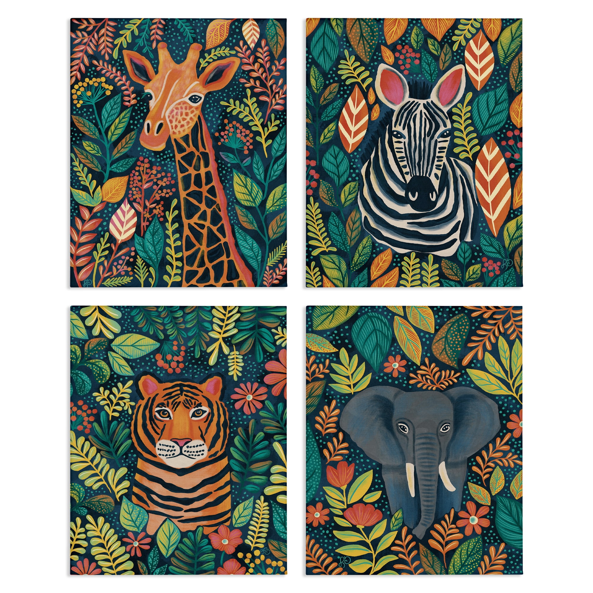 Stupell Industries Jungle Leaf Pattern Animals 4 Piece Canvas Wall Art Set, design by Lisa R Dumm