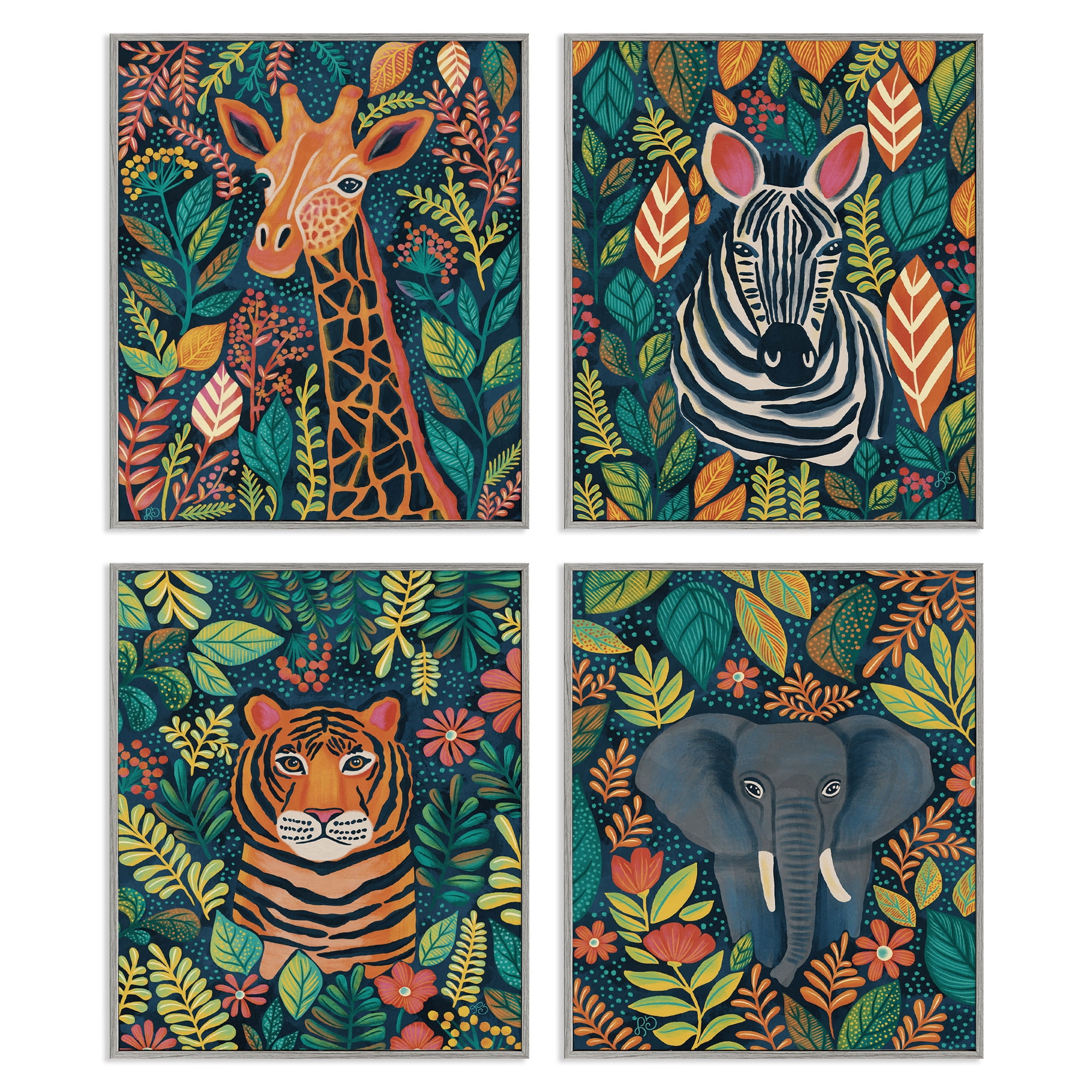 Stupell Industries Jungle Leaf Pattern Animals 4 Piece Gray Framed Giclee Art Set, design by Lisa R Dumm