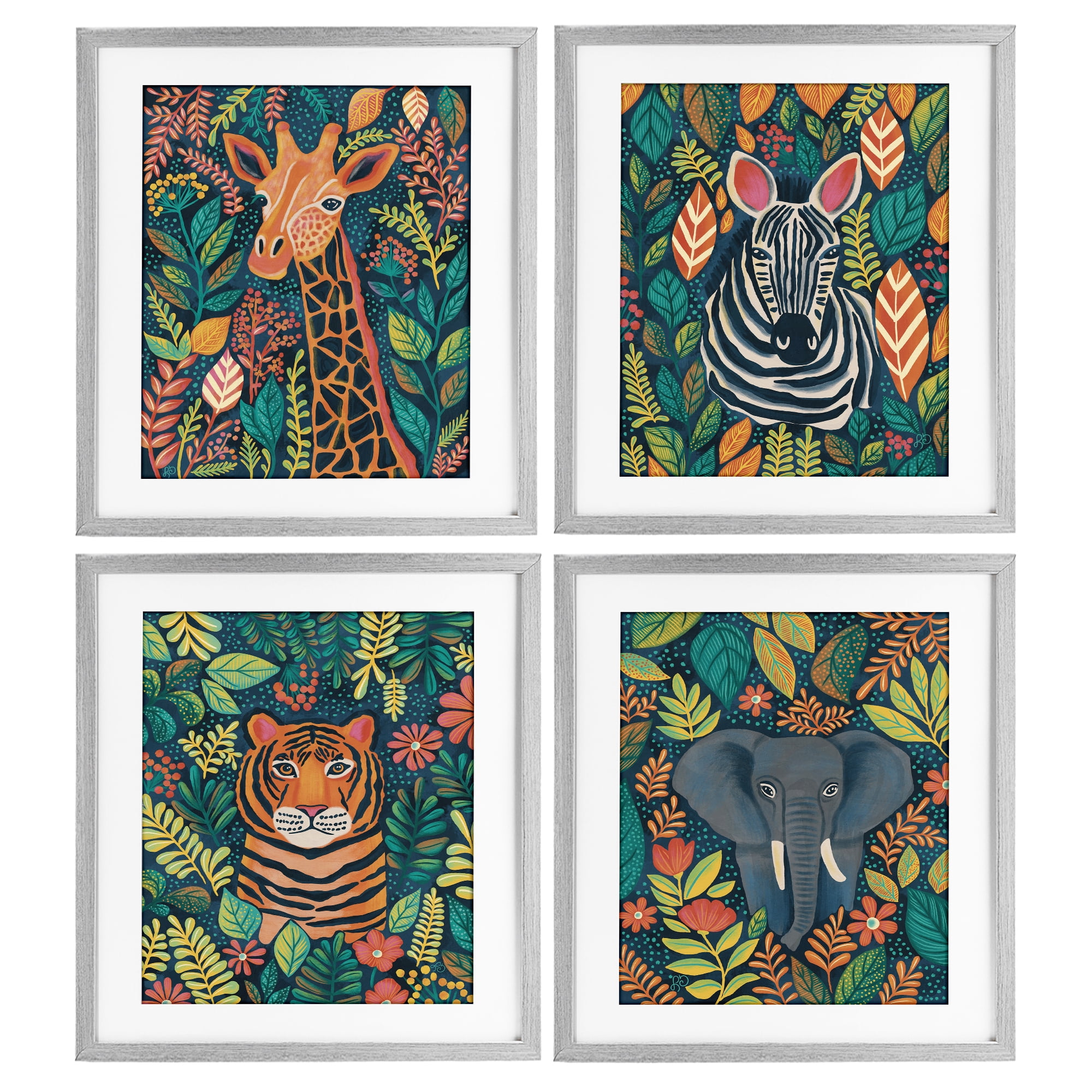 Stupell Industries Jungle Leaf Pattern Animals 4 Piece Gray Framed Print Under Glass Set, design by Lisa R Dumm