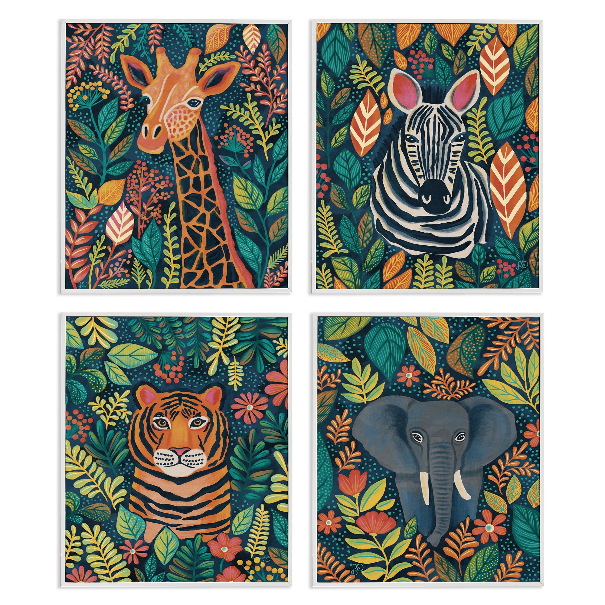 Stupell Industries Jungle Leaf Pattern Animals 4 Piece White Framed Giclee Art Set, design by Lisa R Dumm