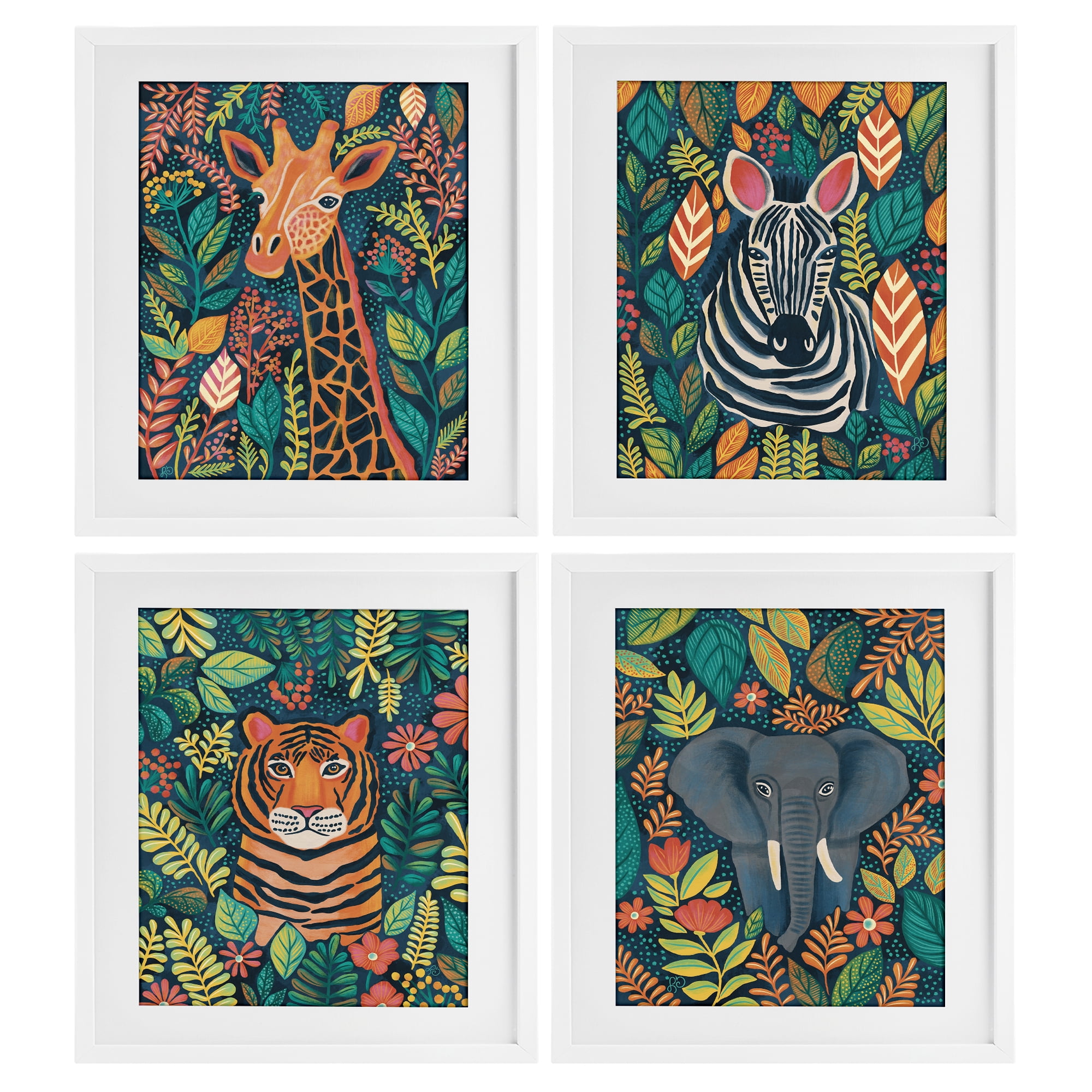 Stupell Industries Jungle Leaf Pattern Animals 4 Piece White Framed Print Under Glass Set, design by Lisa R Dumm