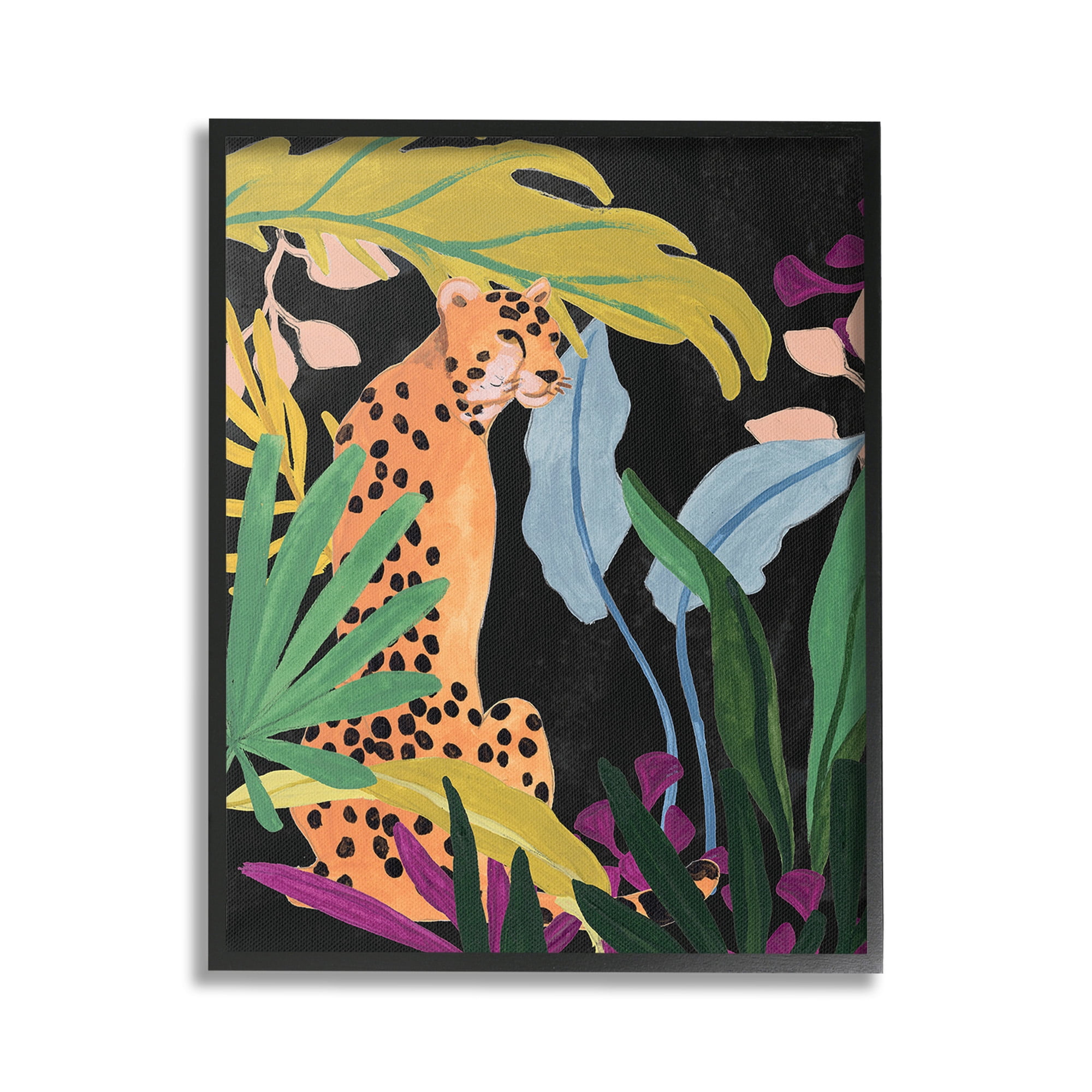 Stupell Industries Jungle Leaves & Cheetah Animals & Insects Painting Black Framed Art Print Wall Art, 16 x 20