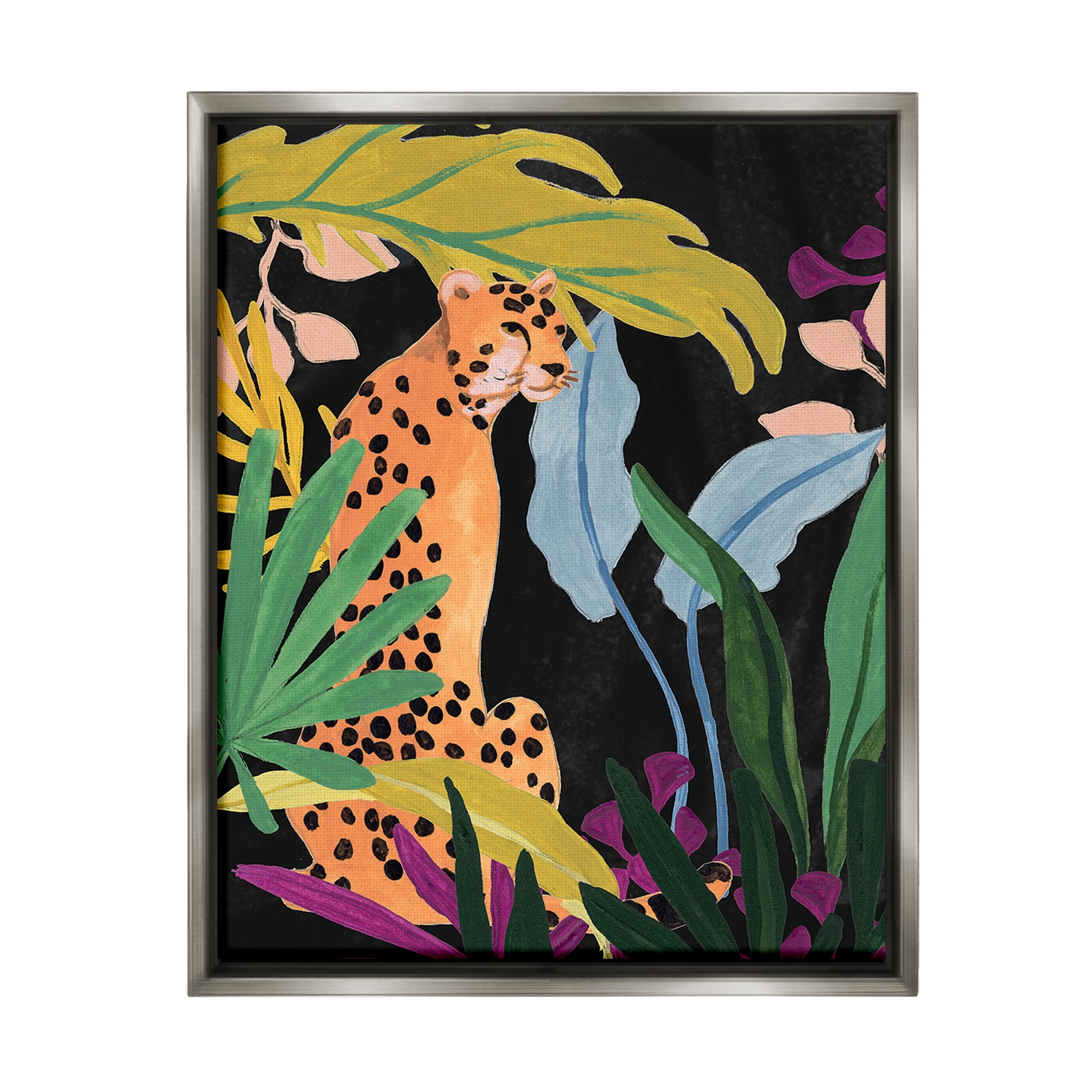 Stupell Industries Jungle Leaves & Cheetah Animals & Insects Painting Gray Floater Framed Canvas Art Print Wall Art, 25 x 31
