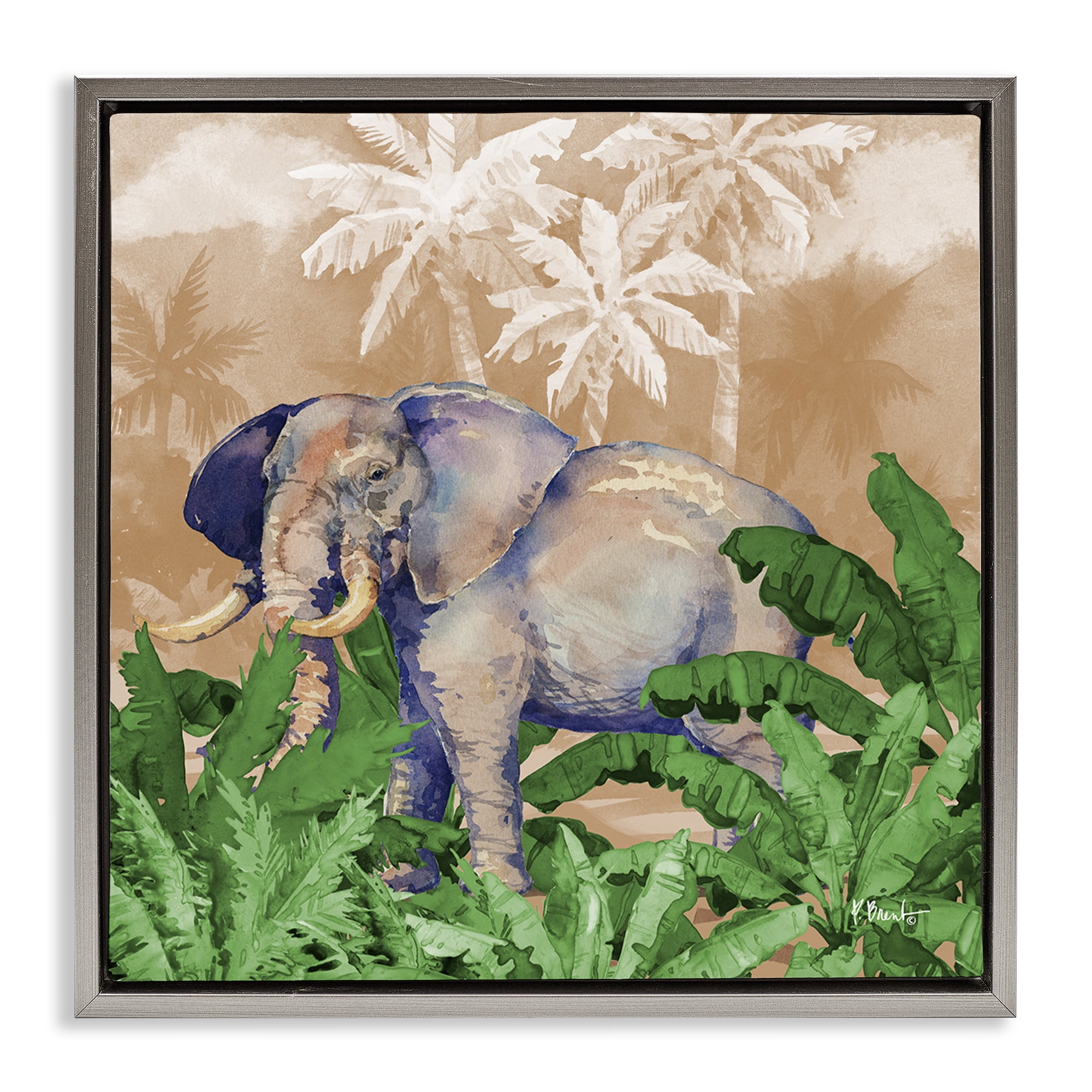 Stupell Industries Jungle Life Elephant Animals & Insects Painting Gray Floater Framed Canvas Art Print Wall Art, 25 x 25