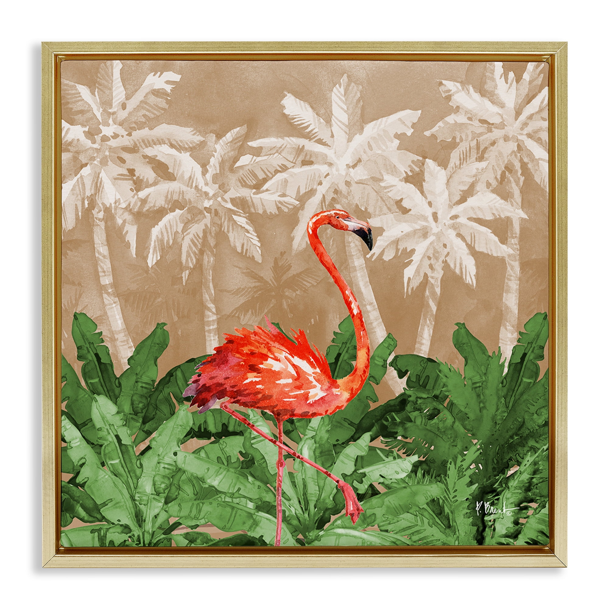 Stupell Industries Jungle Life Flamingo Animals & Insects Painting Gold Floater Framed Canvas Art Print Wall Art, 25 x 25