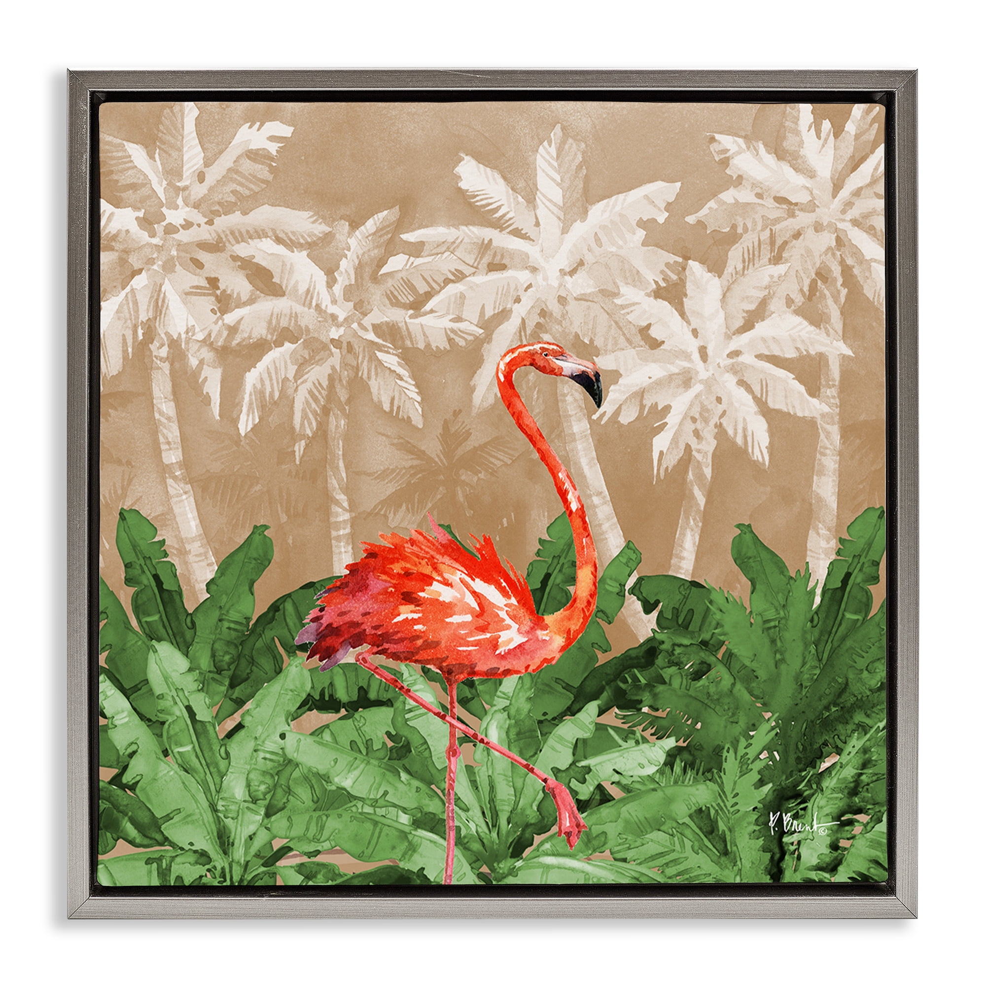 Stupell Industries Jungle Life Flamingo Animals & Insects Painting Gray Floater Framed Canvas Art Print Wall Art, 25 x 25