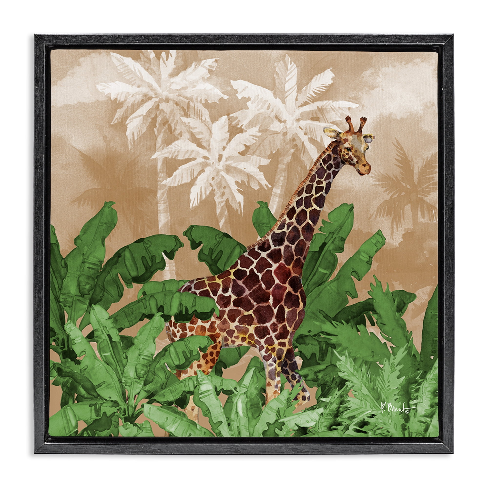 Stupell Industries Jungle Life Giraffe Animals & Insects Painting Black Floater Framed Canvas Art Print Wall Art, 18 x 18
