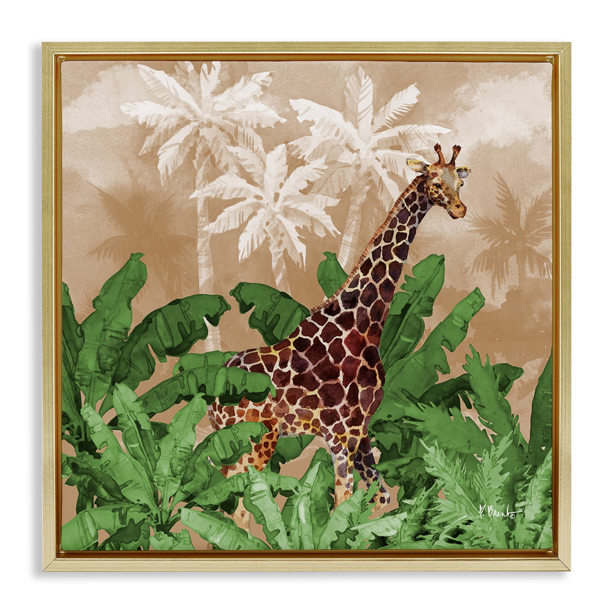 Stupell Industries Jungle Life Giraffe Animals & Insects Painting Gold Floater Framed Canvas Art Print Wall Art, 18 x 18