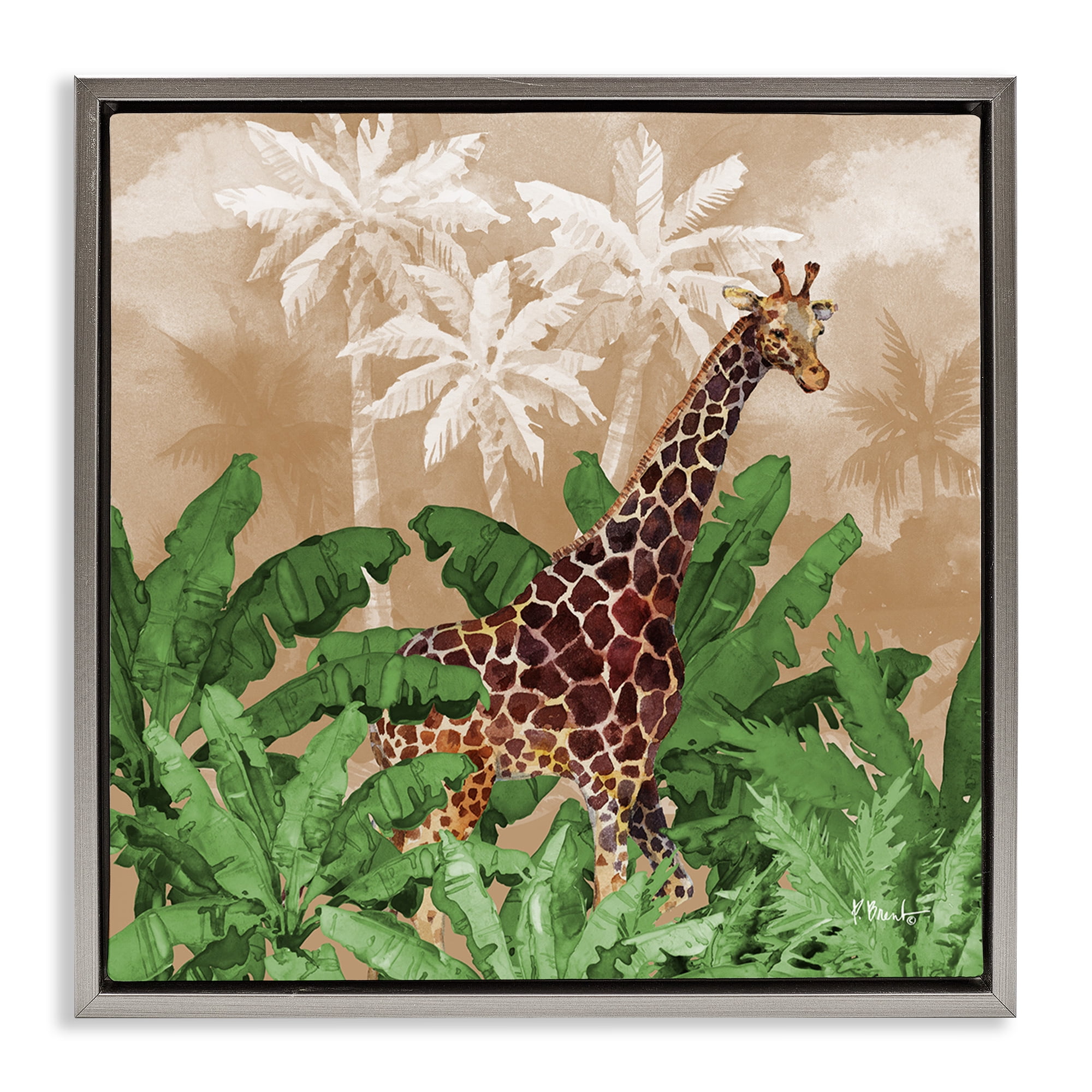 Stupell Industries Jungle Life Giraffe Animals & Insects Painting Gray Floater Framed Canvas Art Print Wall Art, 18 x 18