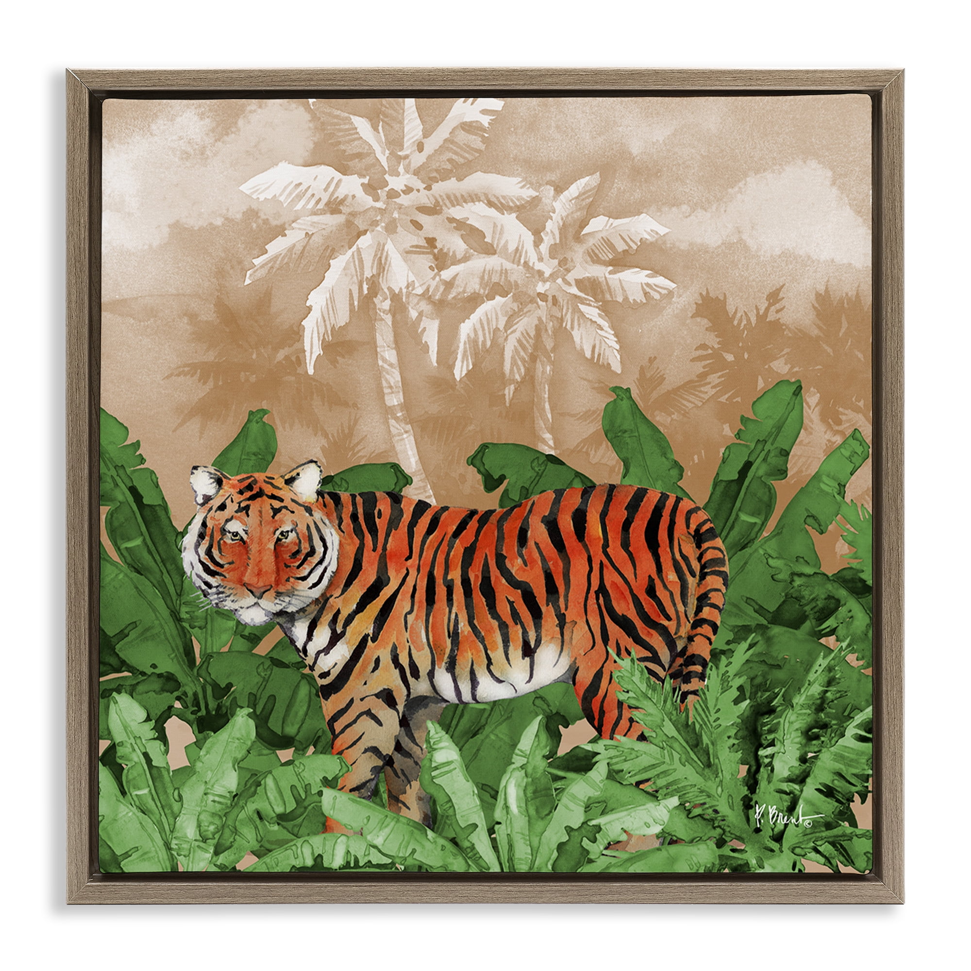 Stupell Industries Jungle Life Tiger Animals & Insects Painting Brown Floater Framed Canvas Art Print Wall Art, 18 x 18