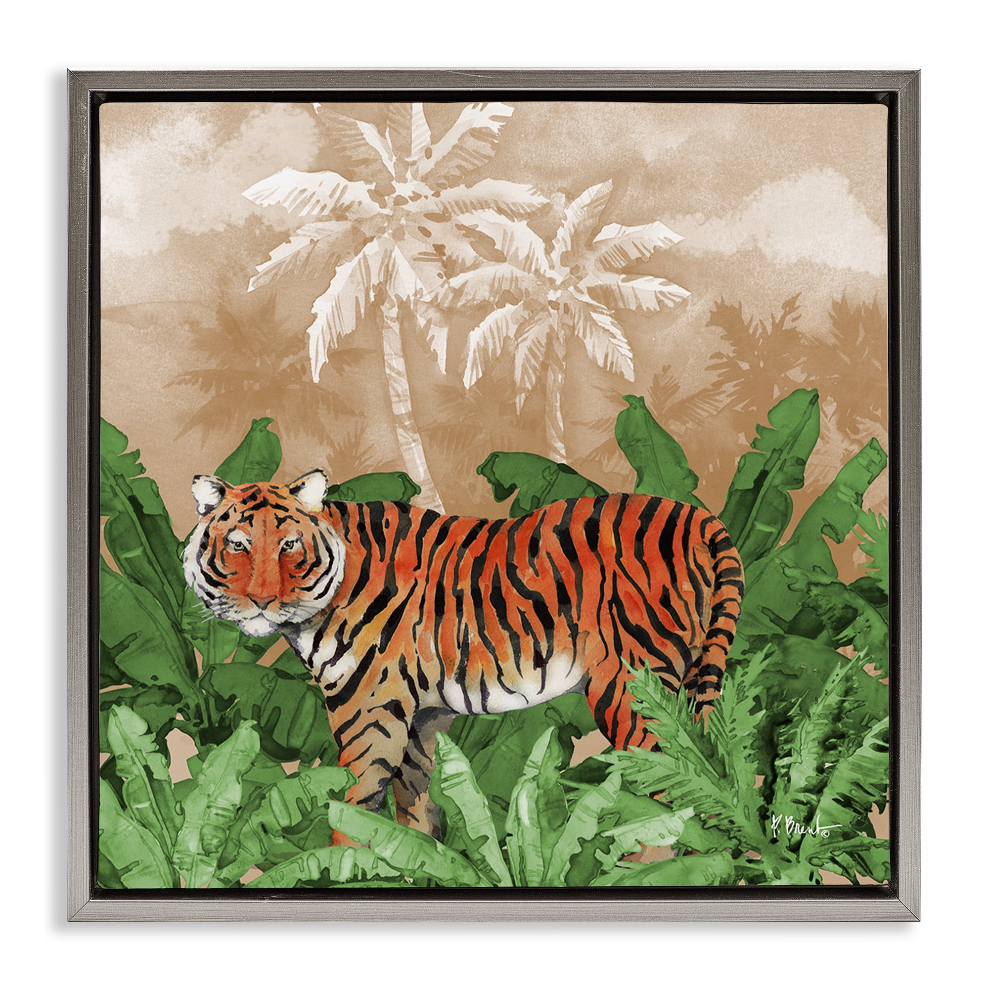 Stupell Industries Jungle Life Tiger Animals & Insects Painting Gray Floater Framed Canvas Art Print Wall Art, 25 x 25