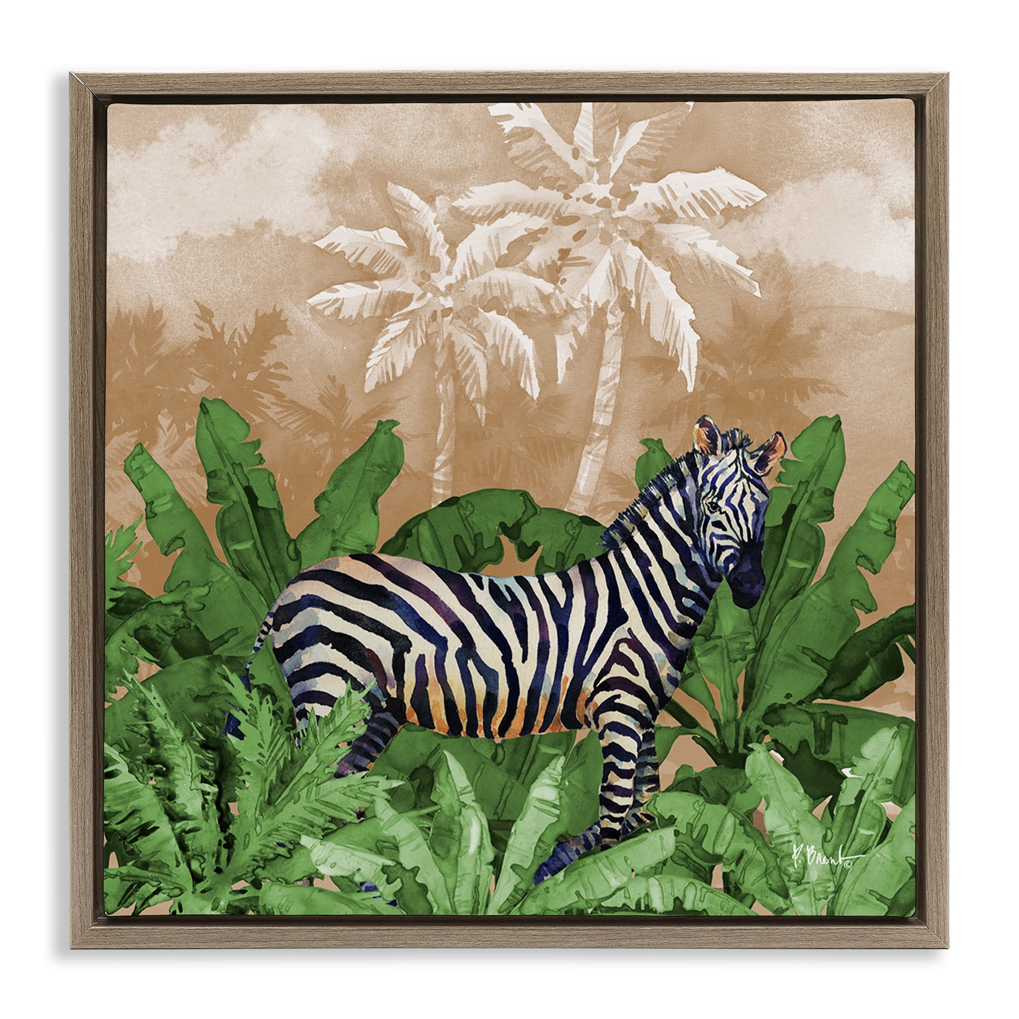Stupell Industries Jungle Life Zebra Animals & Insects Painting Brown Floater Framed Canvas Art Print Wall Art, 25 x 25
