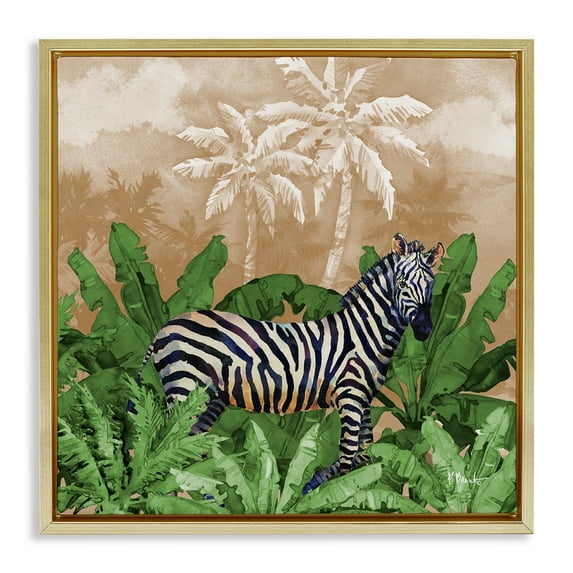 Stupell Industries Jungle Life Zebra Animals & Insects Painting Gold Floater Framed Canvas Art Print Wall Art, 25 x 25