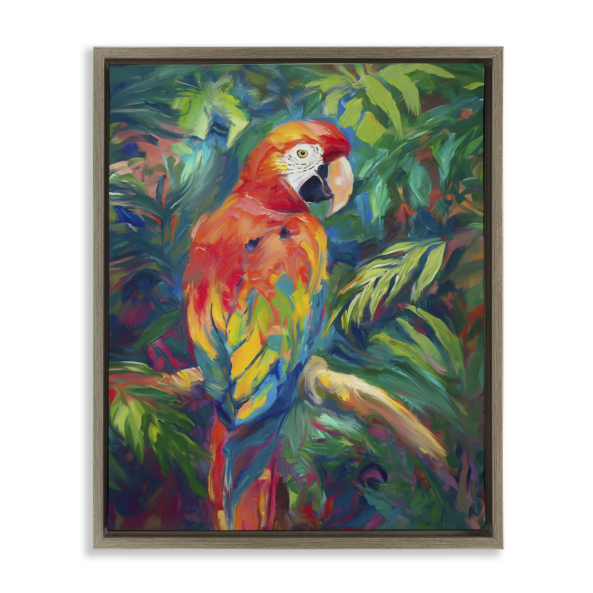 Stupell Industries Jungle Macaw on Branch Animals & Insects Painting Brown Floater Framed Canvas Art Print Wall Art, 25 x 31
