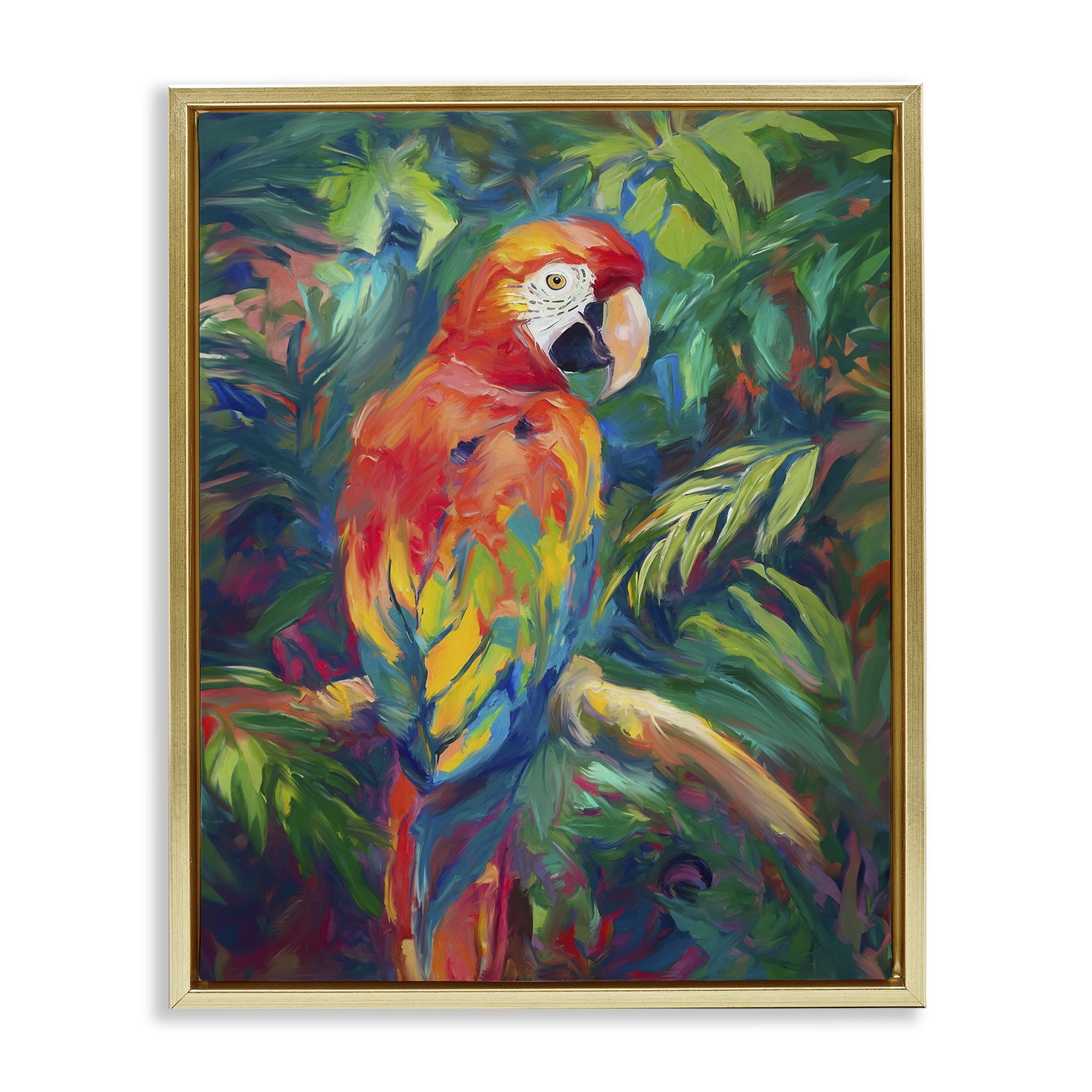 Stupell Industries Jungle Macaw on Branch Animals & Insects Painting Gold Floater Framed Canvas Art Print Wall Art, 25 x 31