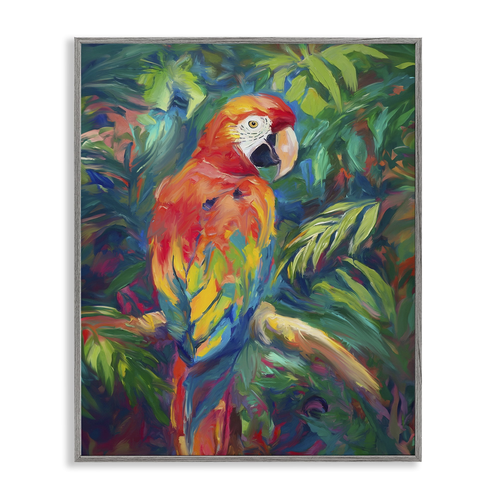 Stupell Industries Jungle Macaw on Branch Animals & Insects Painting Gray Framed Art Print Wall Art, 11 x 14