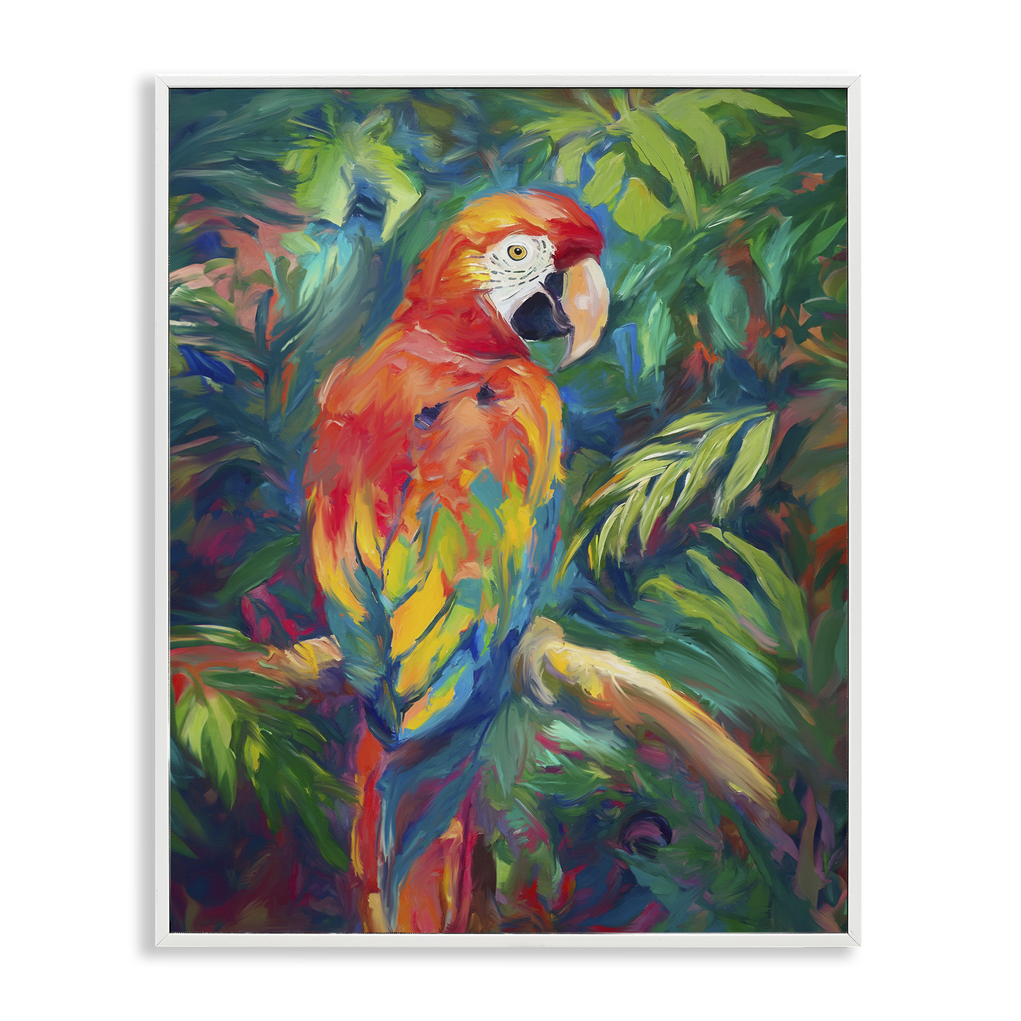 Stupell Industries Jungle Macaw on Branch Animals & Insects Painting White Framed Art Print Wall Art, 24 x 30