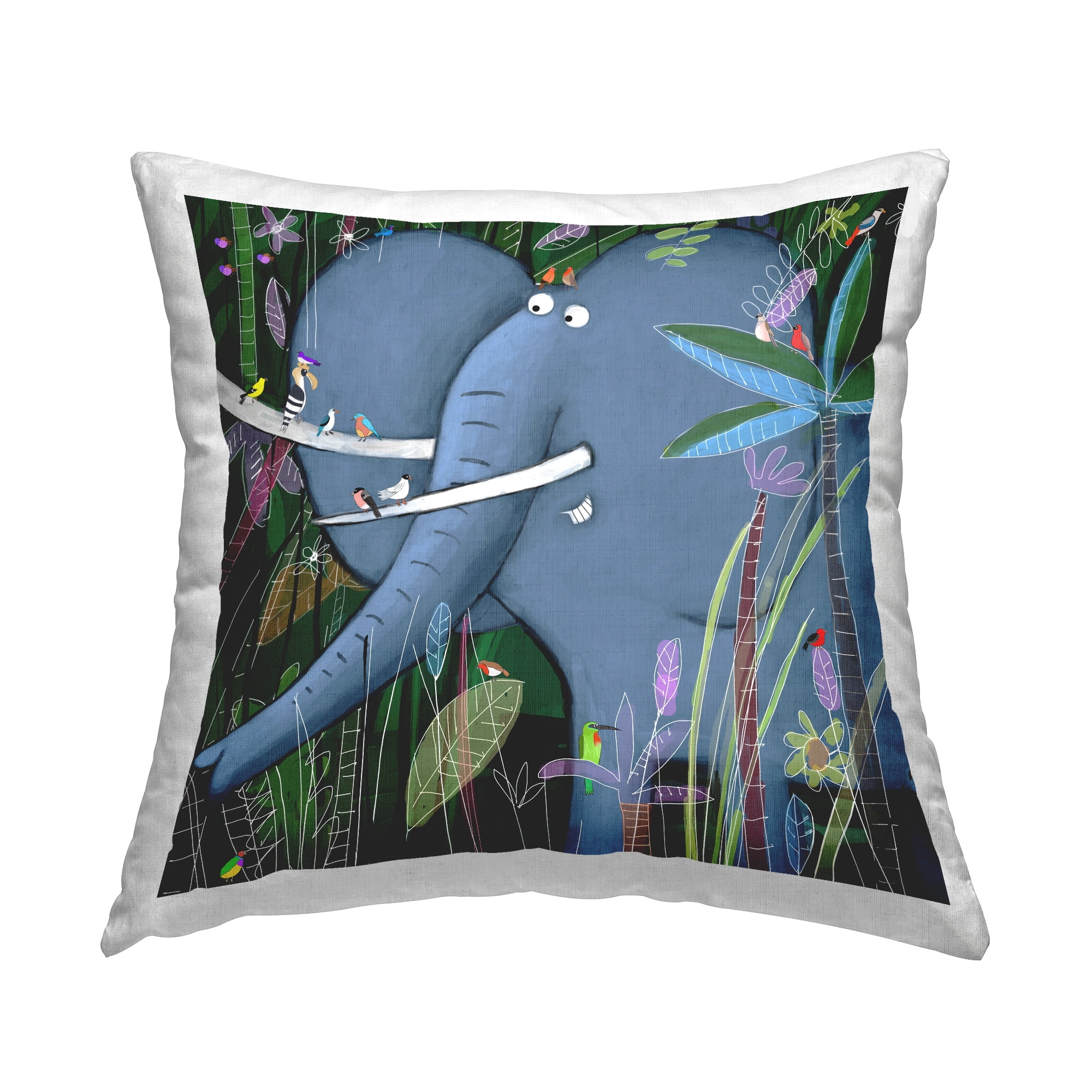 Stupell Industries Jungle Nature Elephant & Birds Square Decorative Printed Throw Pillow, 18 x 18,