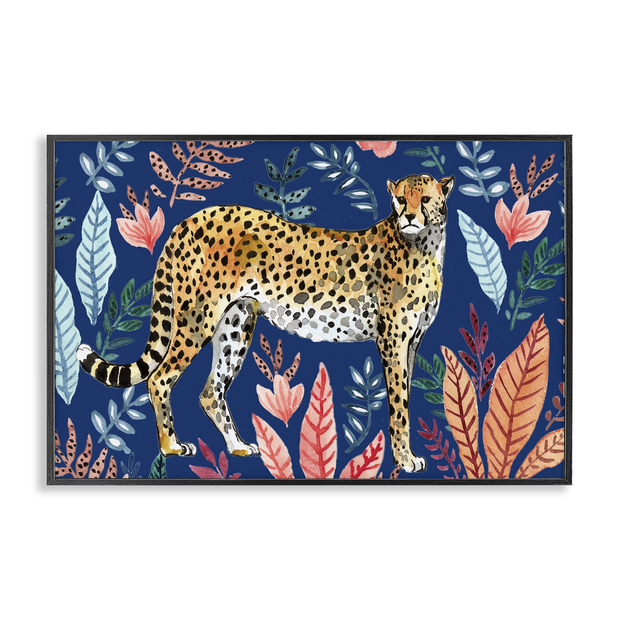 Stupell Industries Jungle Plants & Cheetah Animals Painting Black Framed Art Print Wall Art, 24 x 16