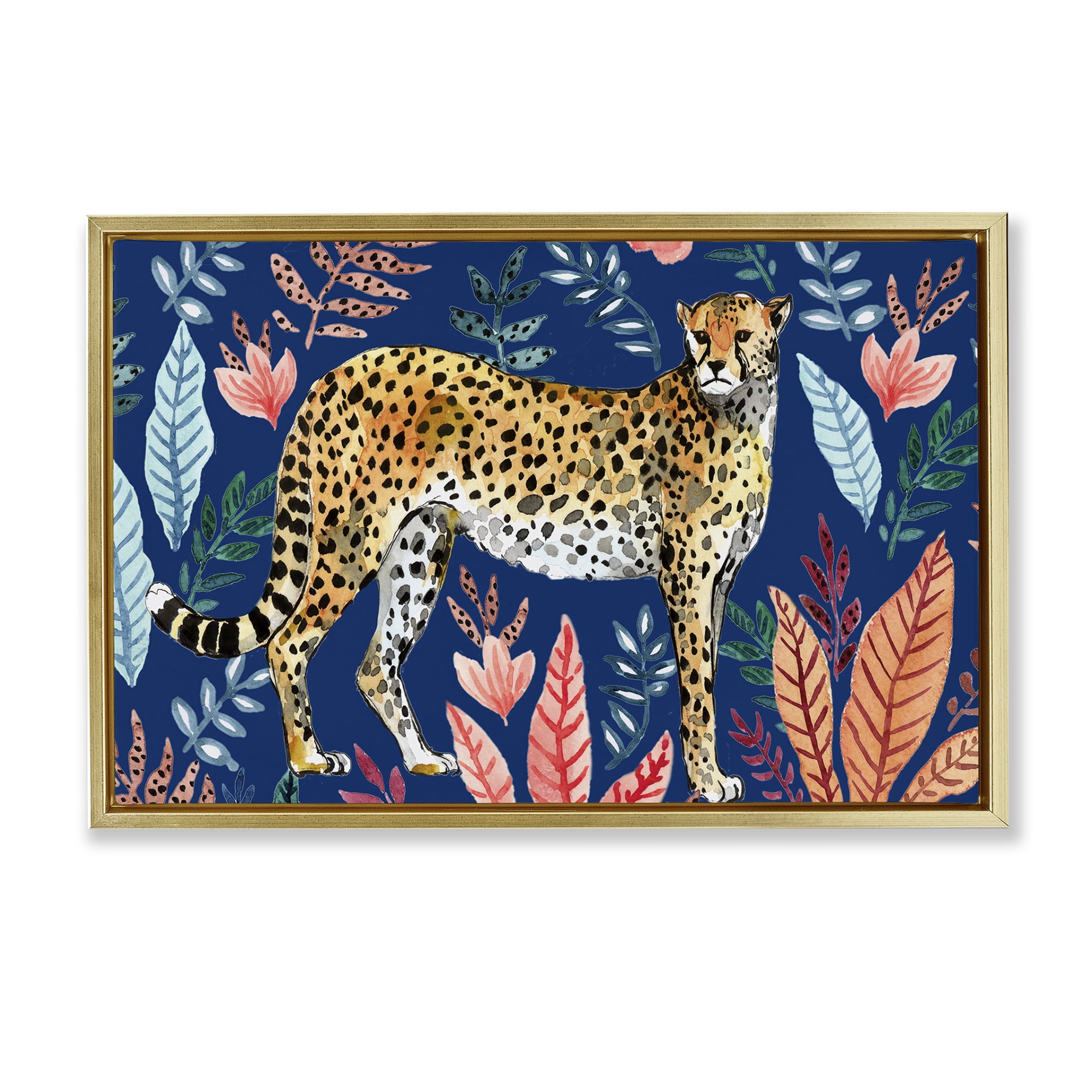 Stupell Industries Jungle Plants & Cheetah Animals Painting Gold Floater Framed Canvas Art Print Wall Art, 25 x 17