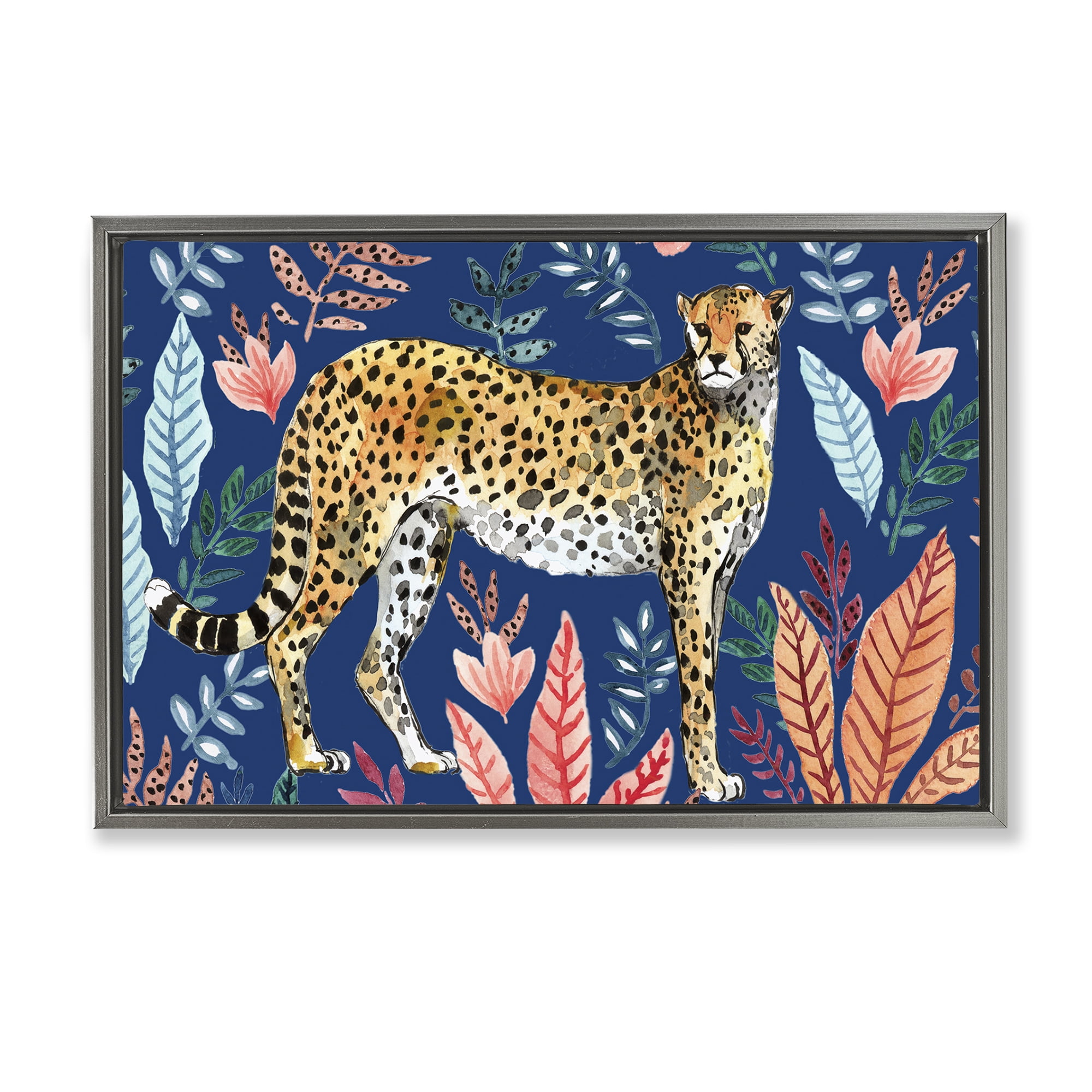 Stupell Industries Jungle Plants & Cheetah Animals Painting Gray Floater Framed Canvas Art Print Wall Art, 25 x 17