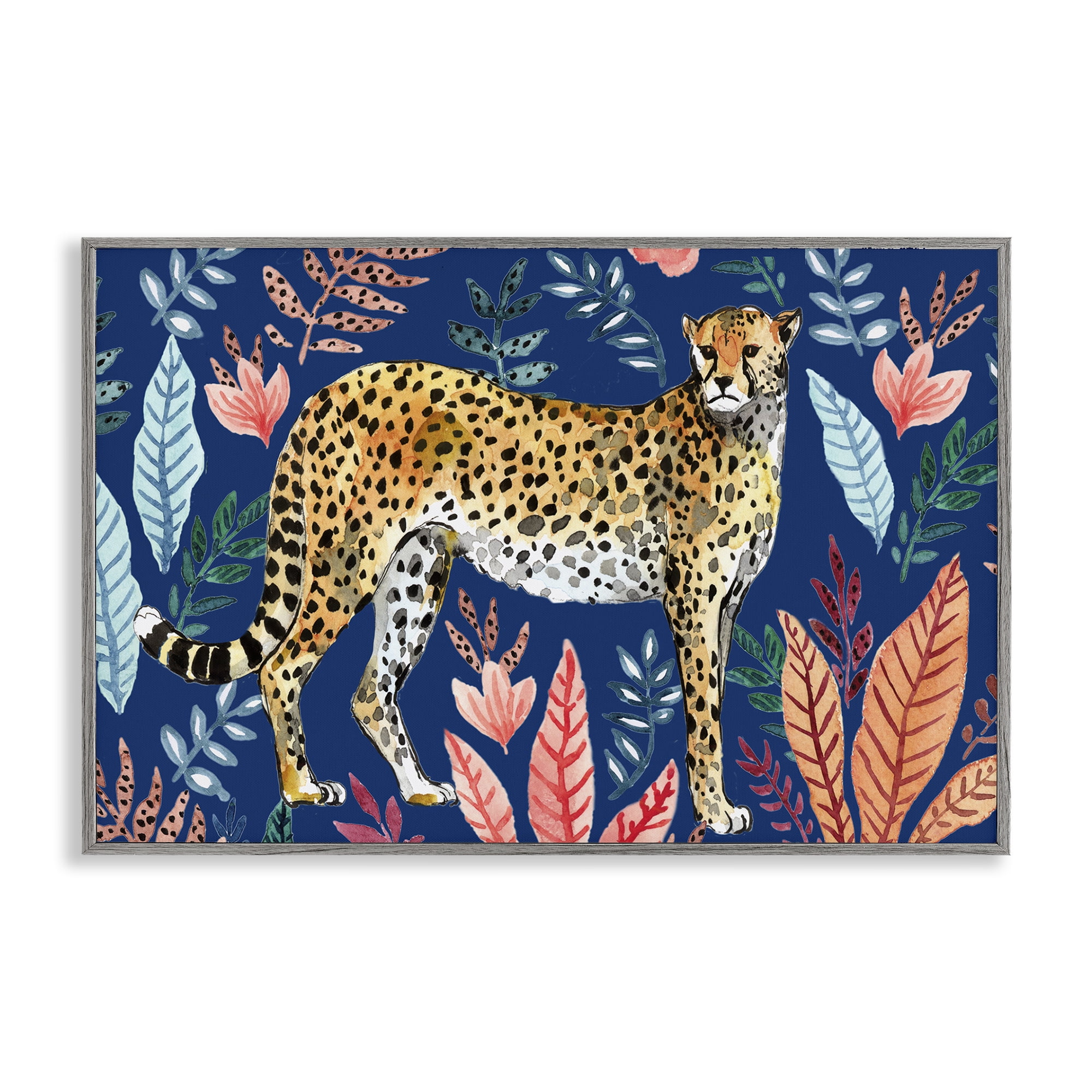 Stupell Industries Jungle Plants & Cheetah Animals Painting Gray Framed Art Print Wall Art, 18 x 12