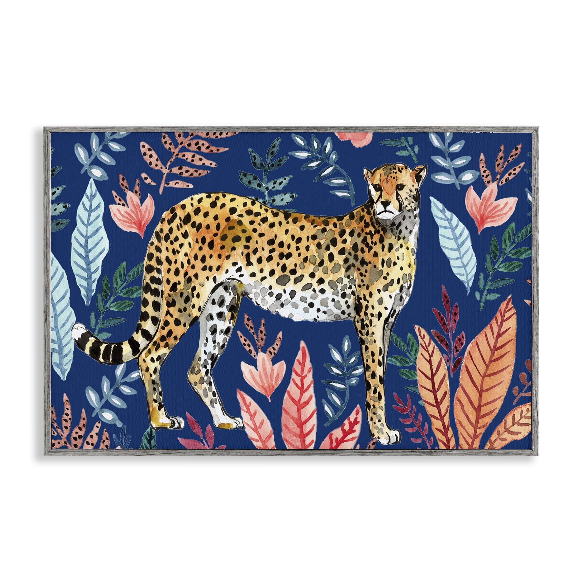 Stupell Industries Jungle Plants & Cheetah Animals Painting Gray Framed Art Print Wall Art, 30 x 20