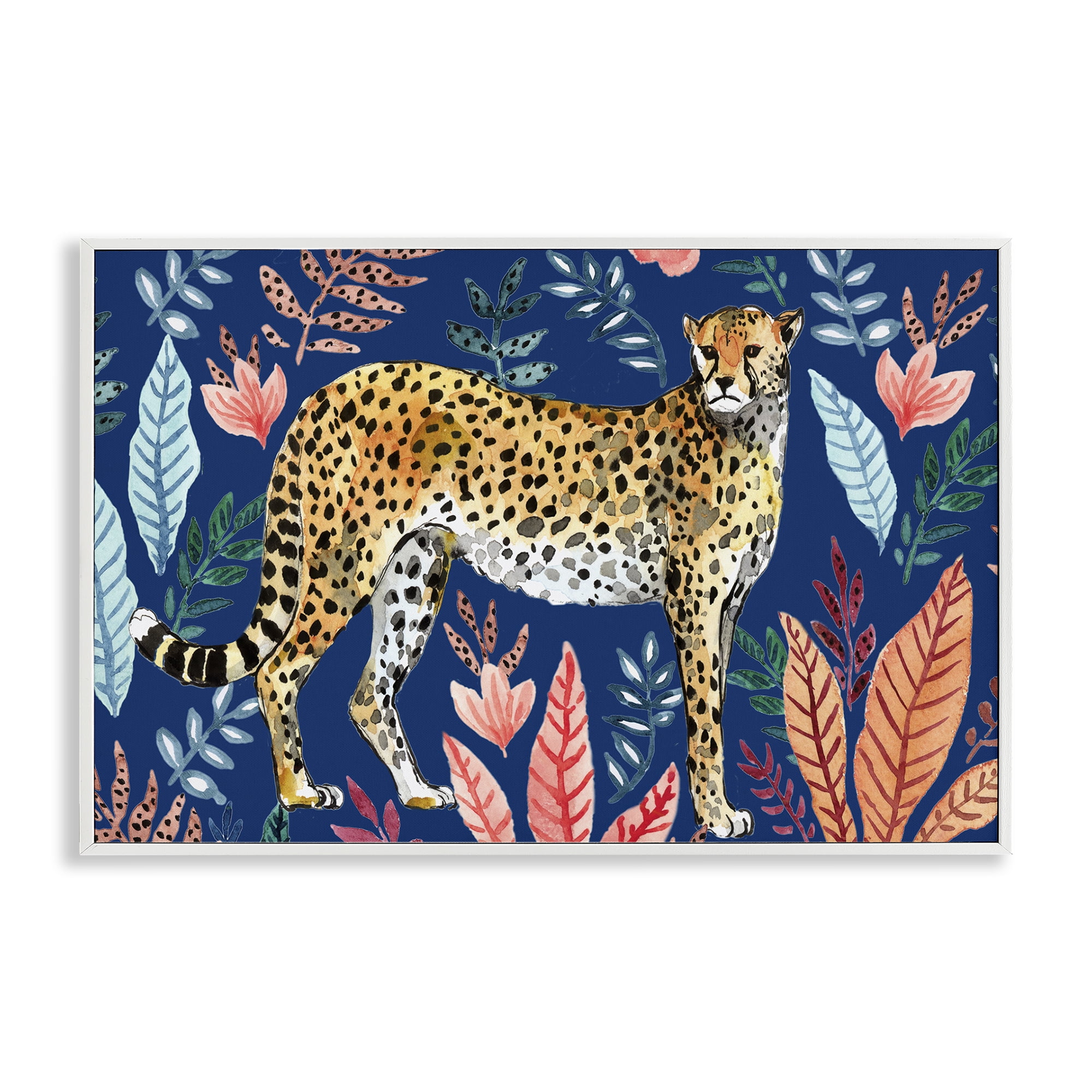 Stupell Industries Jungle Plants & Cheetah Animals Painting White Framed Art Print Wall Art, 30 x 20