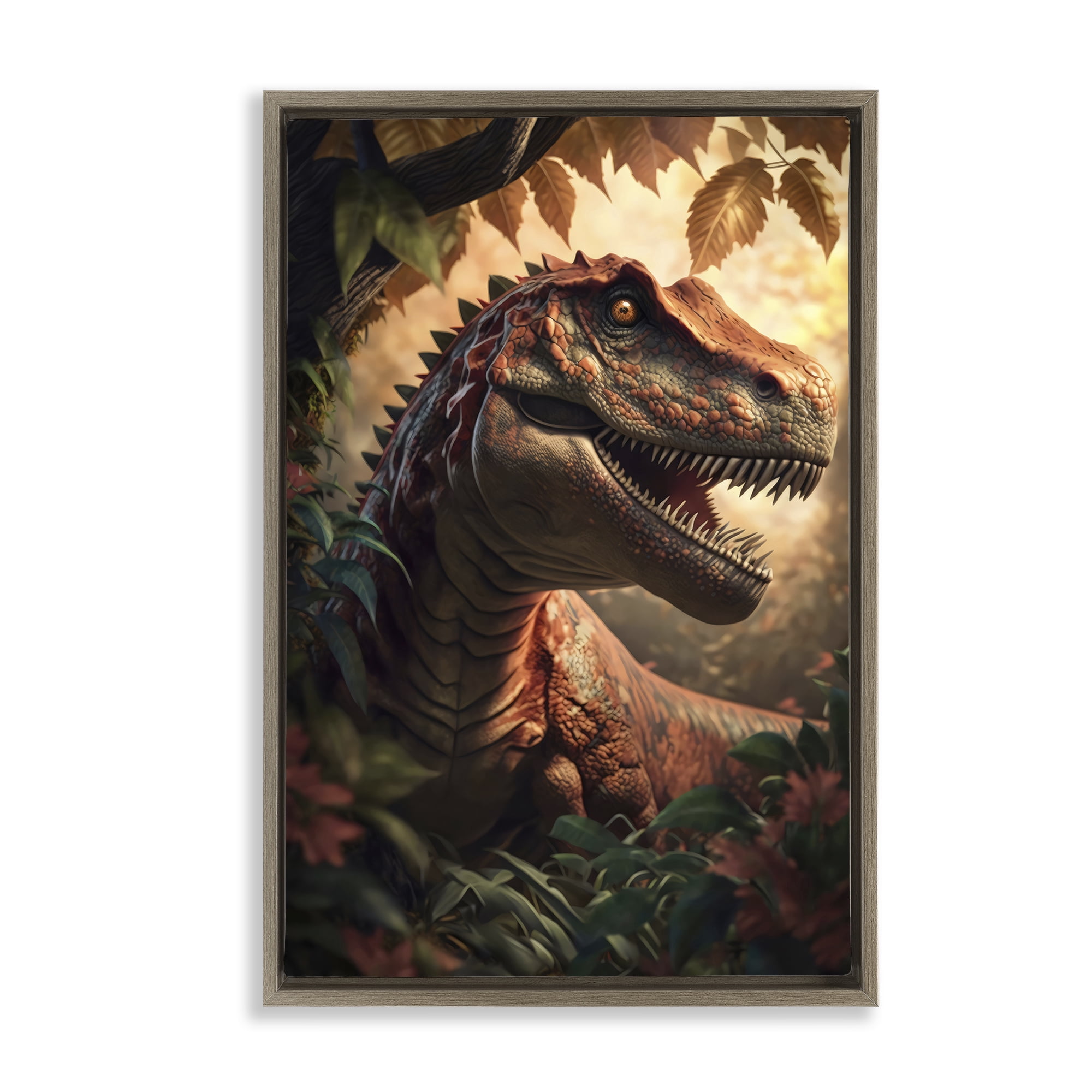 Stupell Industries Jungle Raptor with Ancient Foliage Brown Framed Floater Canvas Wall Art, design by Creative Studio