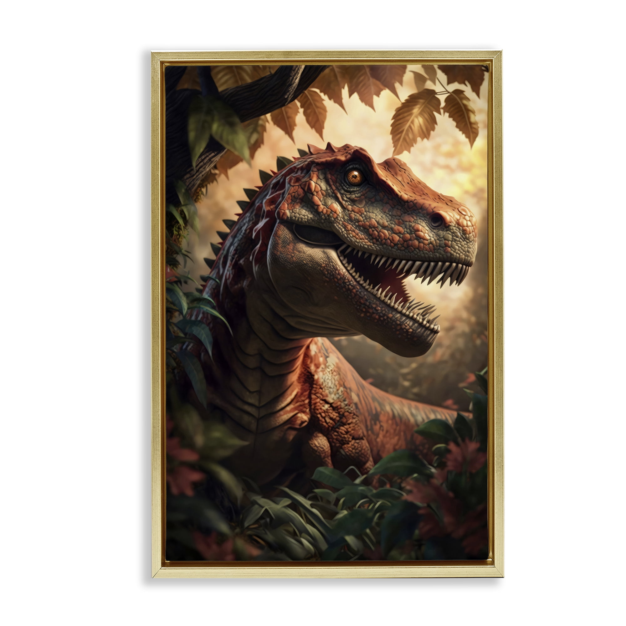 Stupell Industries Jungle Raptor with Ancient Foliage Gold Framed Floater Canvas Wall Art, design by Creative Studio