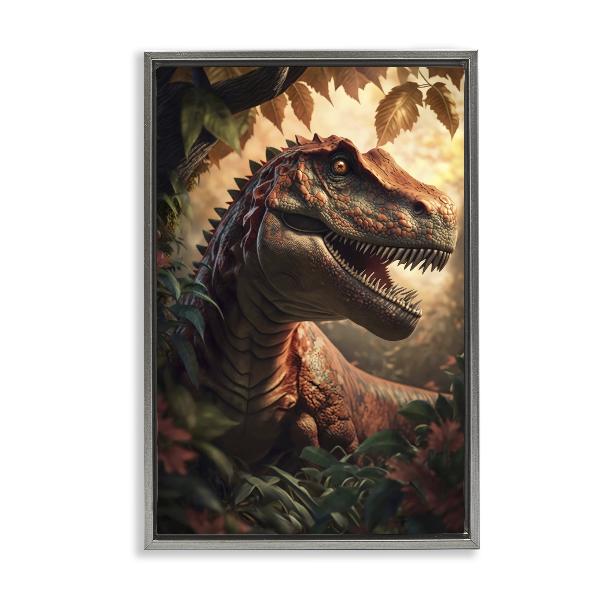 Stupell Industries Jungle Raptor with Ancient Foliage Gray Framed Floater Canvas Wall Art, design by Creative Studio