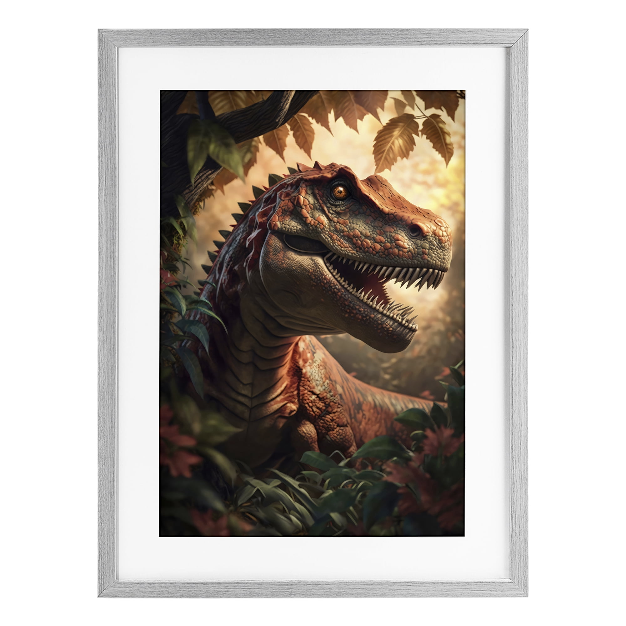 Stupell Industries Jungle Raptor with Ancient Foliage Gray Framed Print Under Glass, design by Creative Studio