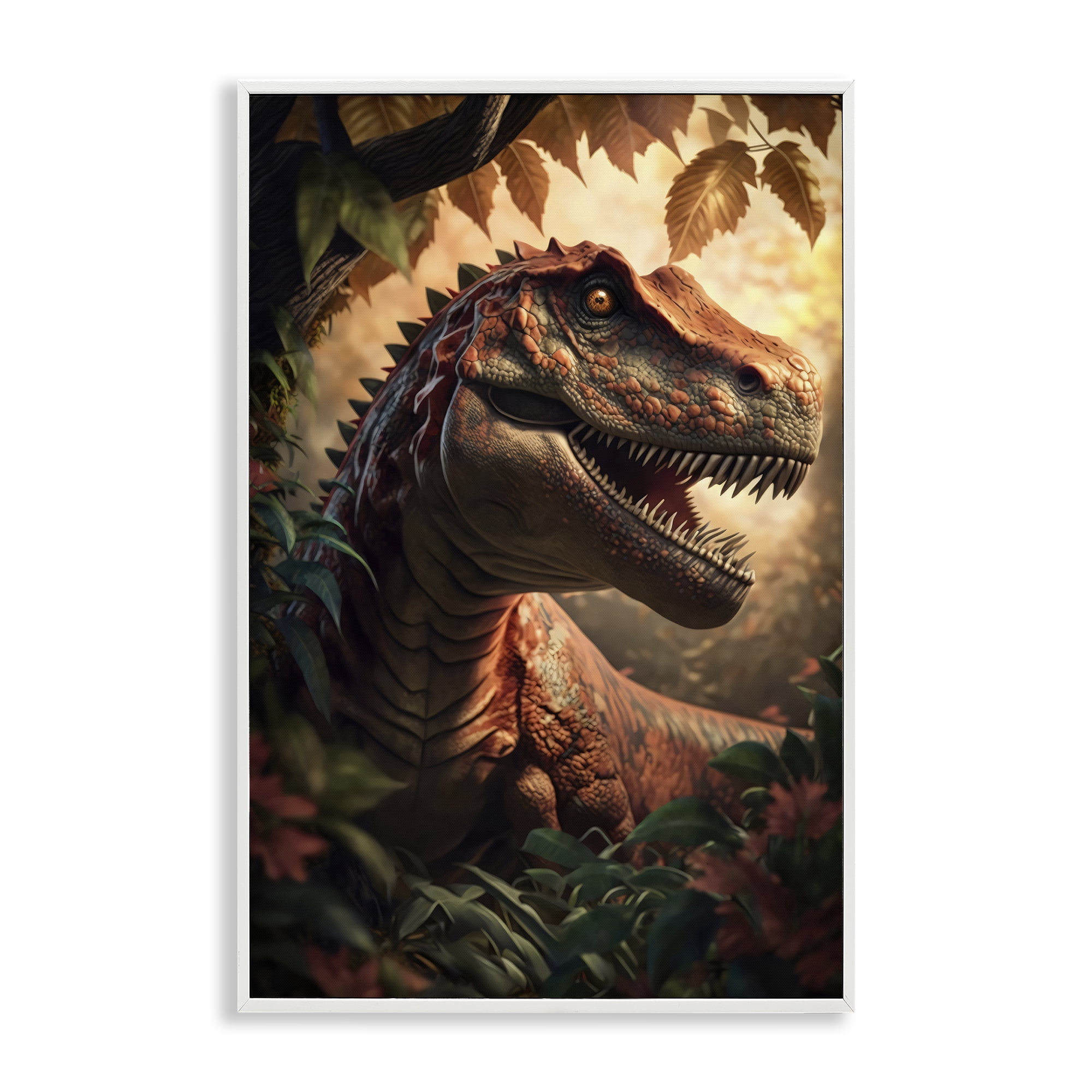 Stupell Industries Jungle Raptor with Ancient Foliage White Framed Giclee Art, design by Creative Studio