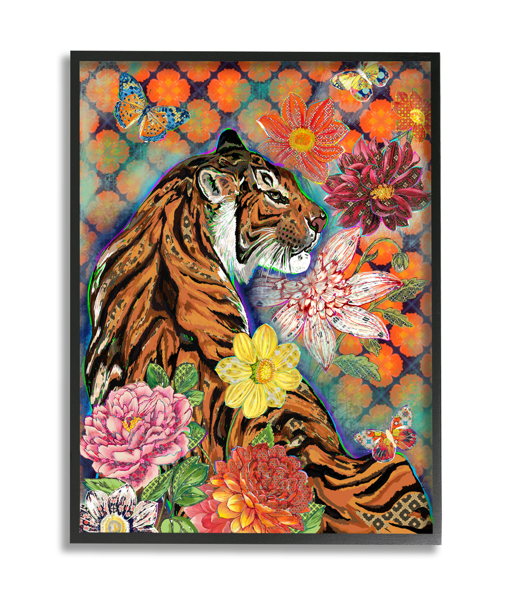 Stupell Industries Jungle Tiger Cat Over Orange Arabesque Floral Pattern Black Framed, 11 x 14, Design by Sangita Bachelet