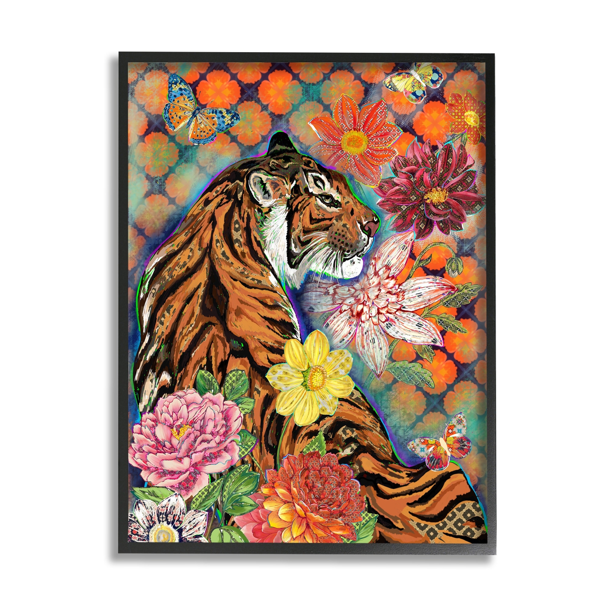 Stupell Industries Jungle Tiger Cat Over Orange Arabesque Floral Pattern Black Framed, 24 x 30, Design by Sangita Bachelet