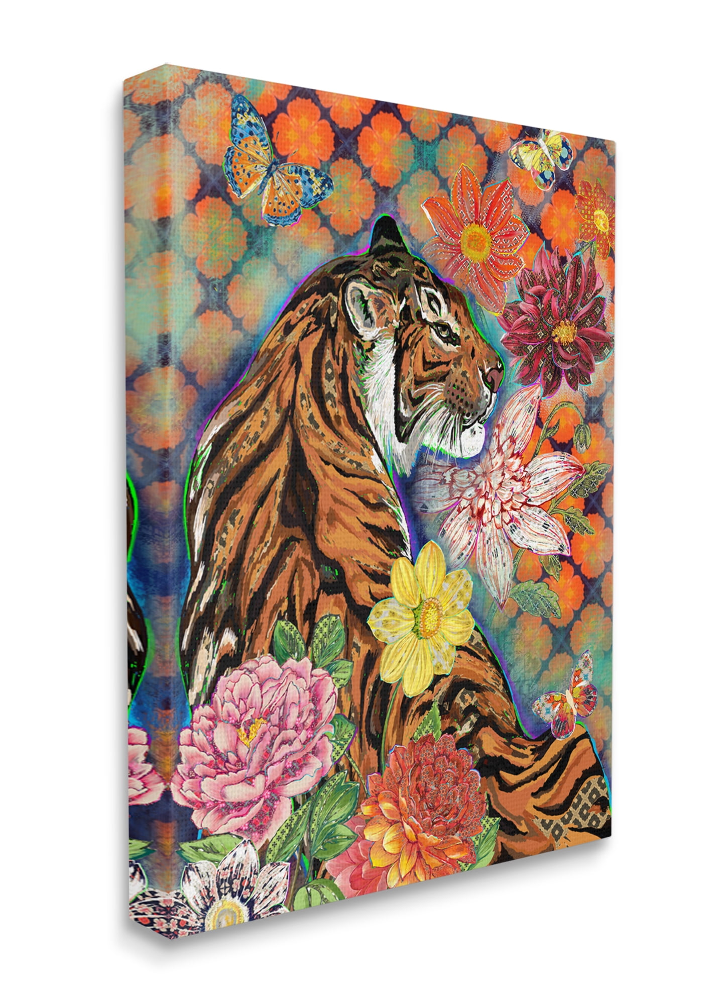 Stupell Industries Jungle Tiger Cat Over Orange Arabesque Floral Pattern Canvas Wall Art, 30 x 40, Design by Sangita Bachelet