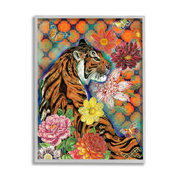 Stupell Industries Jungle Tiger Cat Over Orange Arabesque Floral Pattern Grey Framed, 11 x 14, Design by Sangita Bachelet