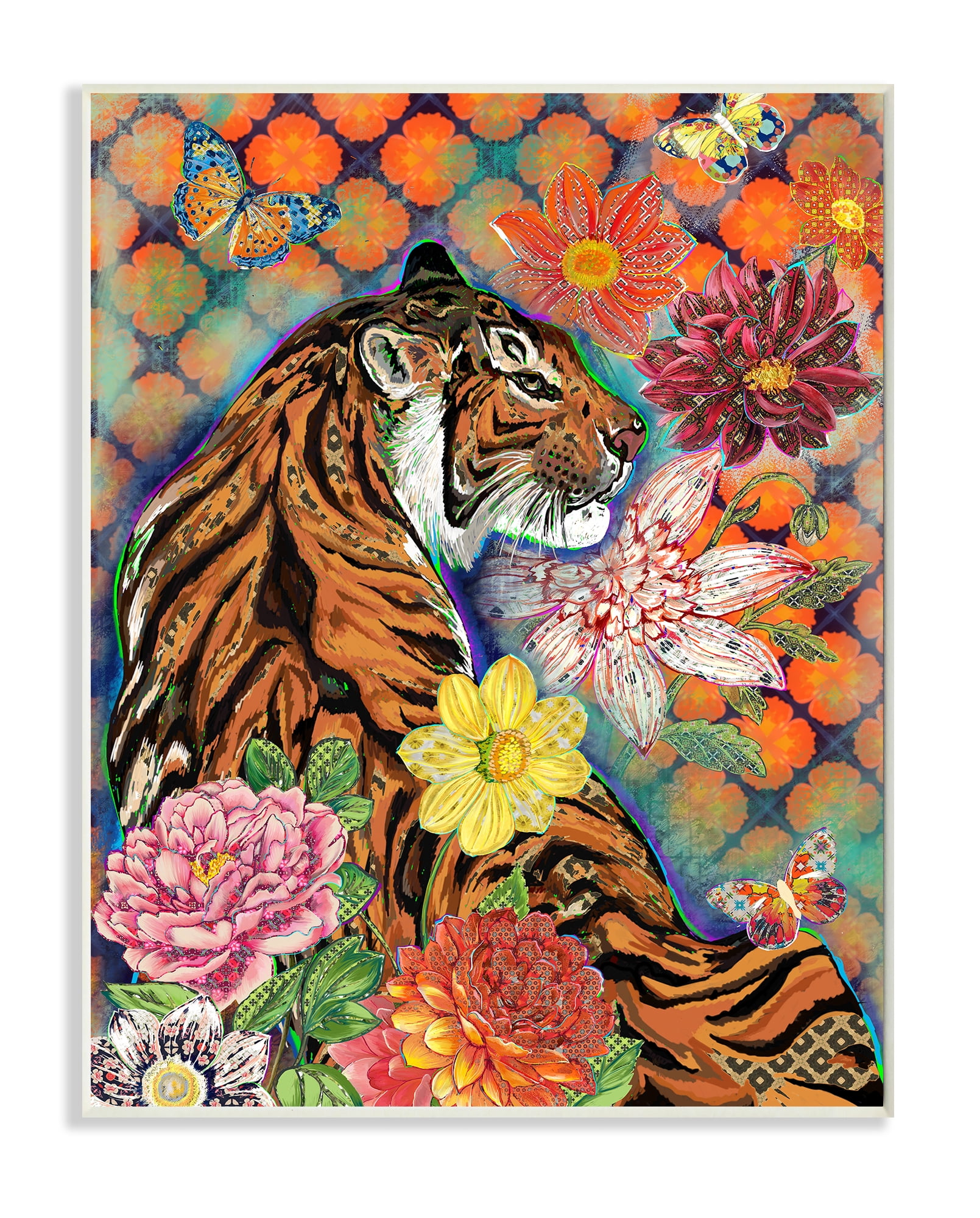 Stupell Industries Jungle Tiger Cat Over Orange Arabesque Floral Pattern Wall Plaque, 10 x 15, Design by Sangita Bachelet