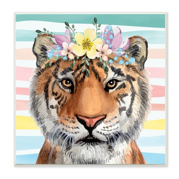 Stupell Industries Jungle Tiger Chic Purple Yellow Floral Crown Stripes, 12 x 12, Design by ND Art