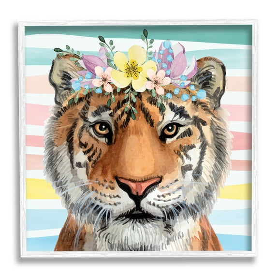 Stupell Industries Jungle Tiger Chic Purple Yellow Floral Crown Stripes, 24 x 24, Design by ND Art