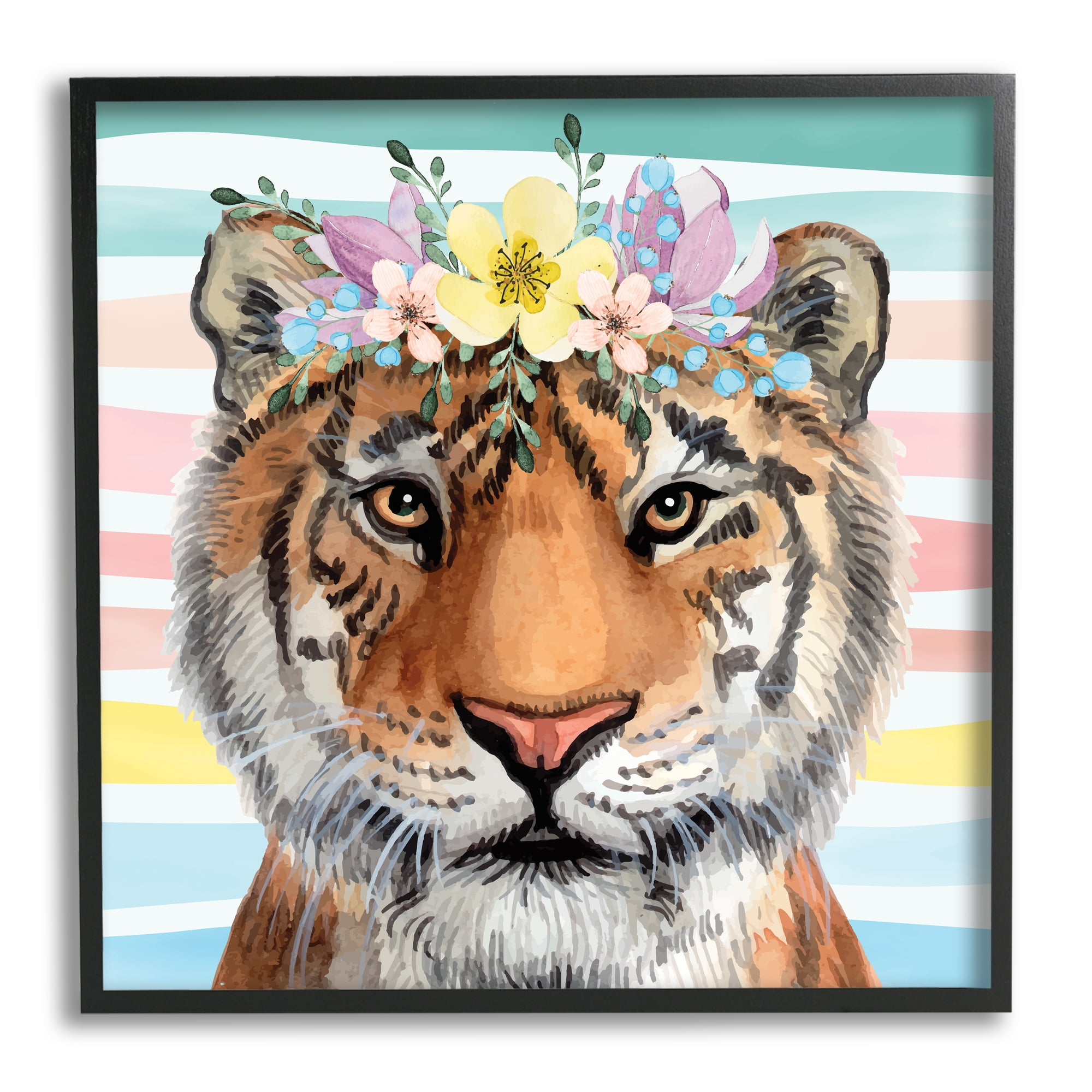 Stupell Industries Jungle Tiger Chic Purple Yellow Floral Crown Stripes, 24 x 24, Design by ND Art